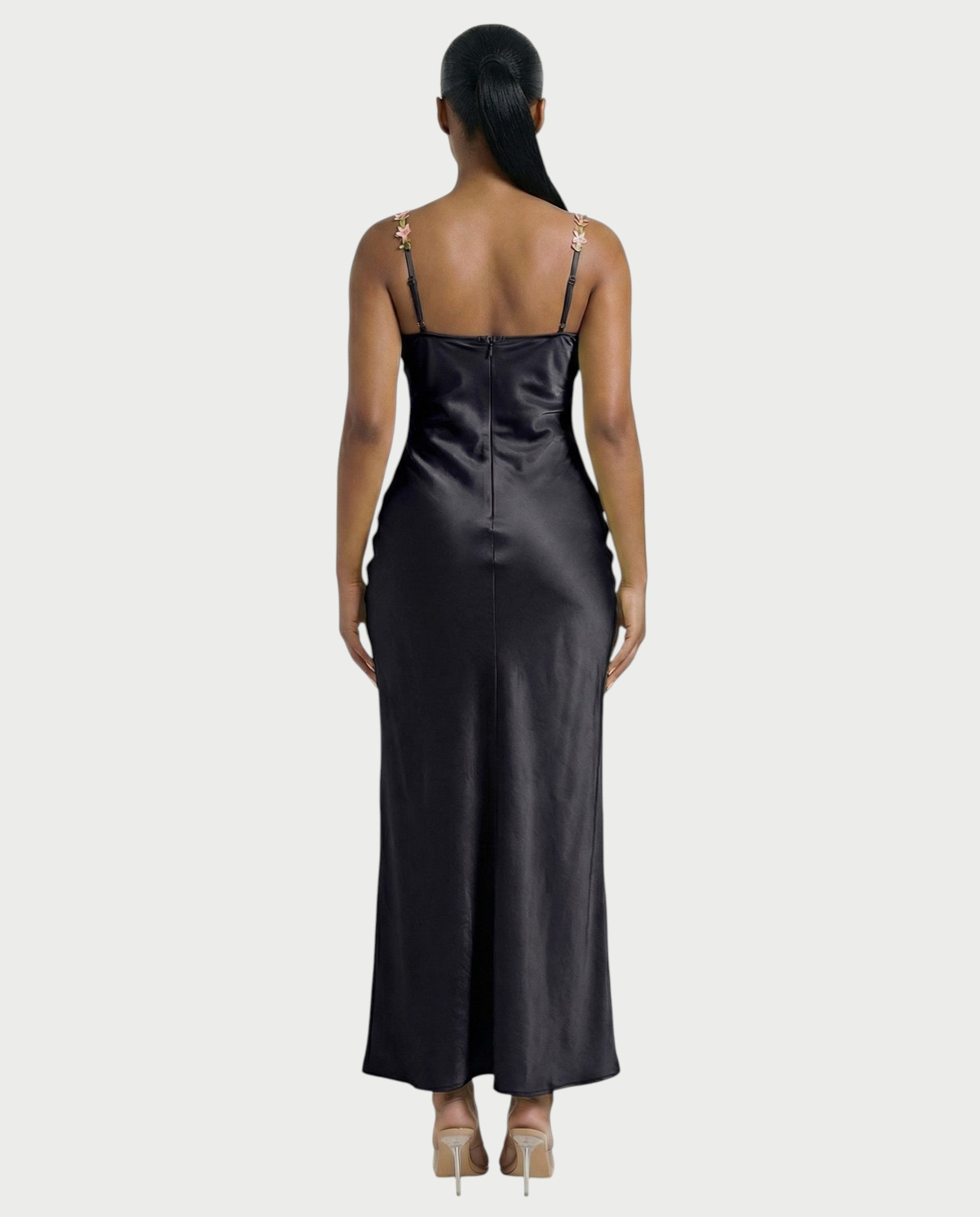 HARRIET Satin Floral Appliqué Maxi Dress