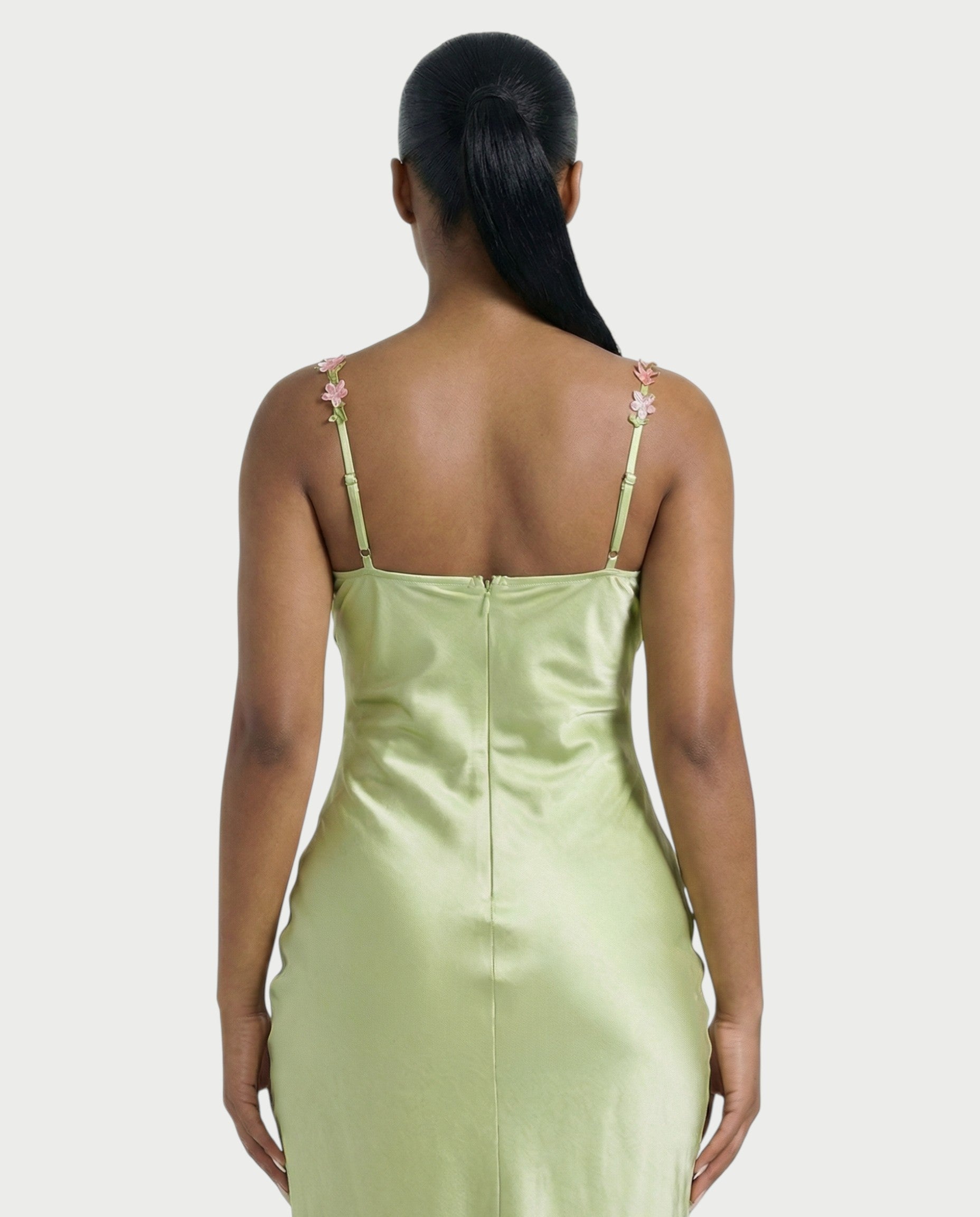 HARRIET Satin Floral Appliqué Maxi Dress
