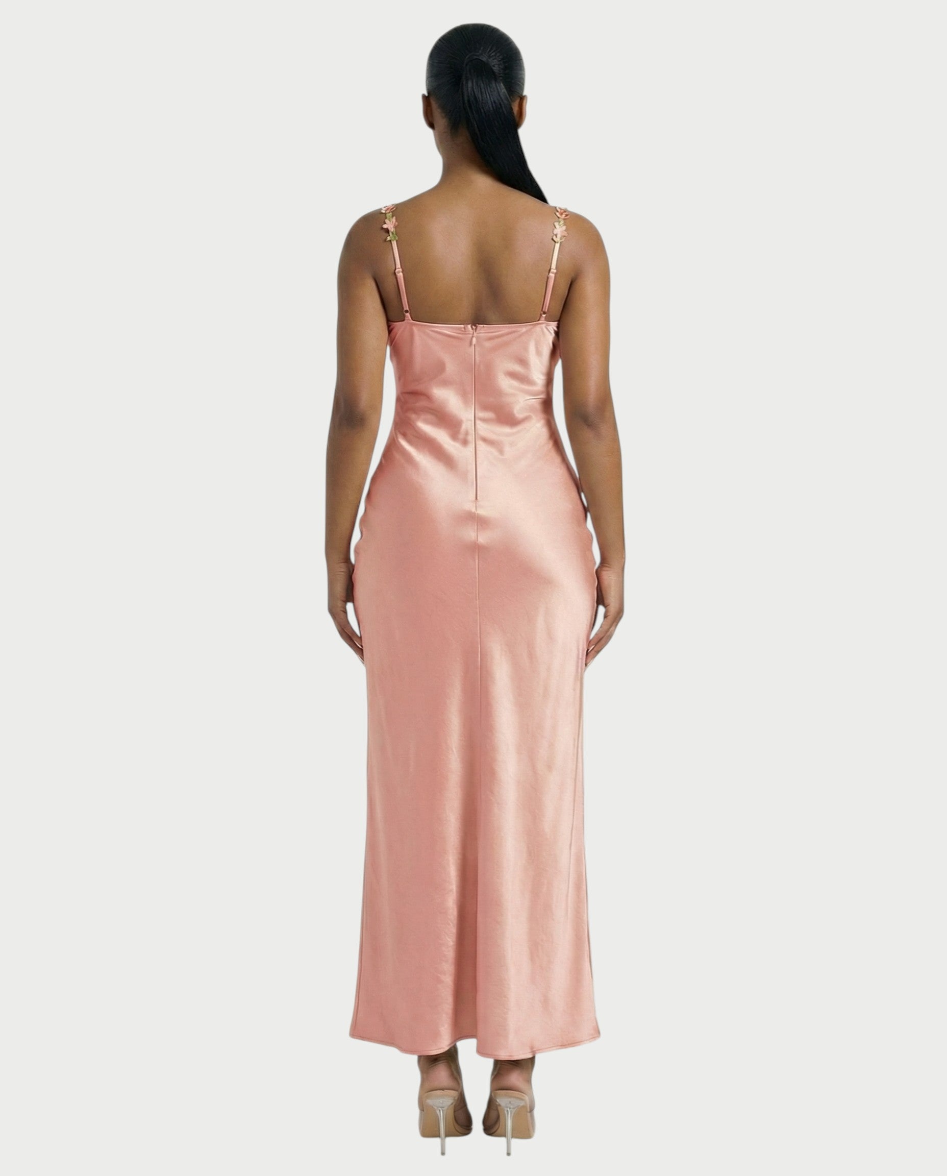 HARRIET Satin Floral Appliqué Maxi Dress