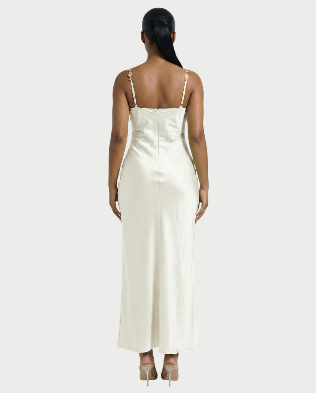 HARRIET Satin Floral Appliqué Maxi Dress