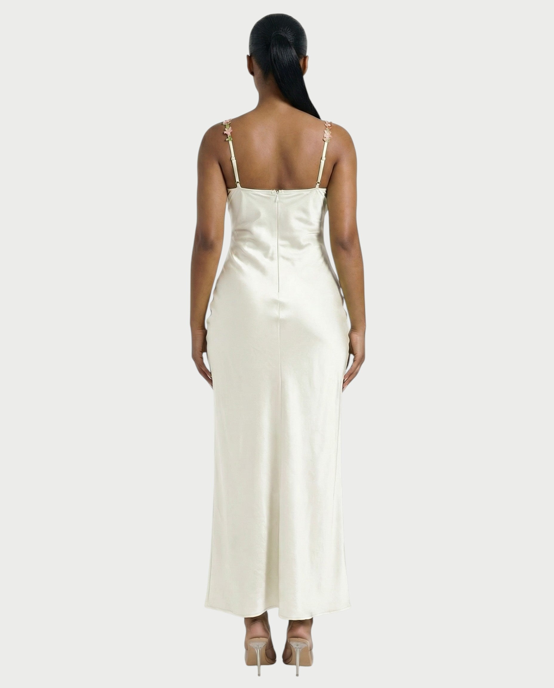 HARRIET Satin Floral Appliqué Maxi Dress