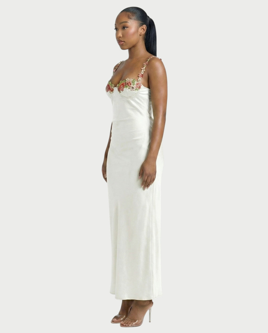 HARRIET Satin Floral Appliqué Maxi Dress