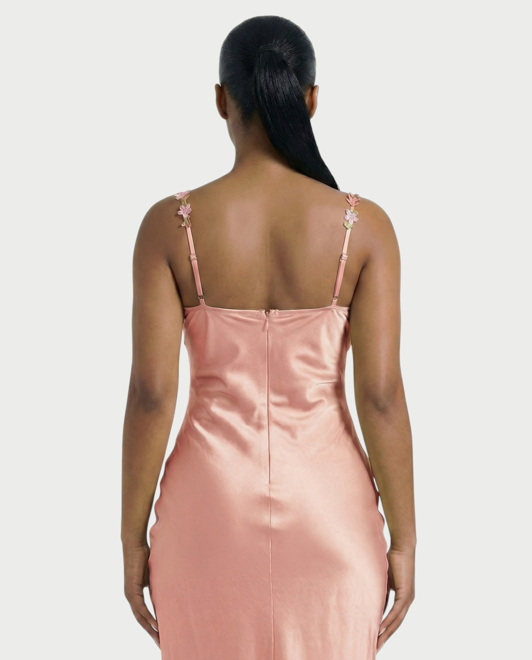 HARRIET Satin Floral Appliqué Maxi Dress