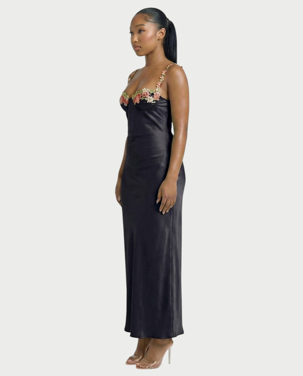 HARRIET Satin Floral Appliqué Maxi Dress