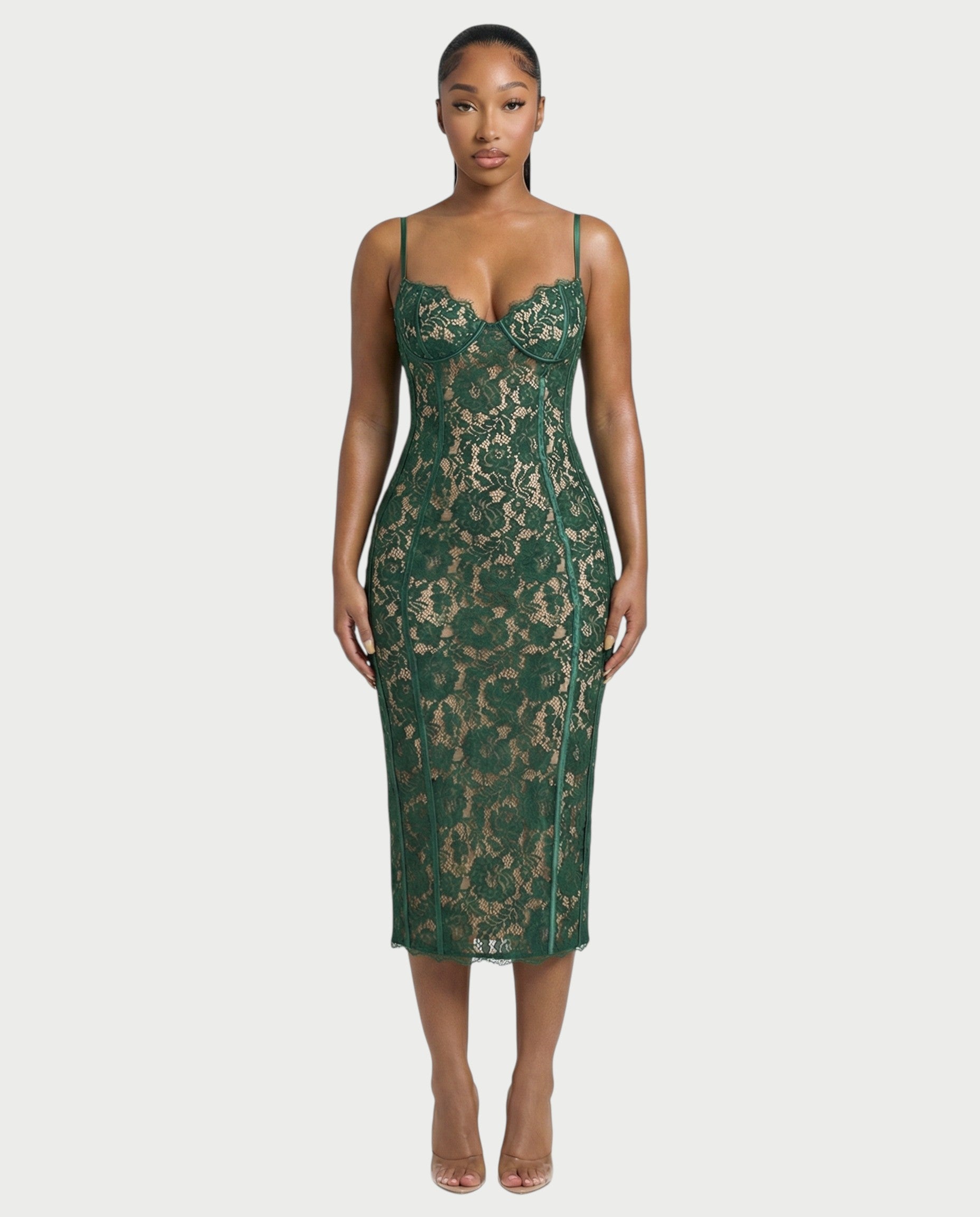REZA Floral Lace Bodycon Midi Dress