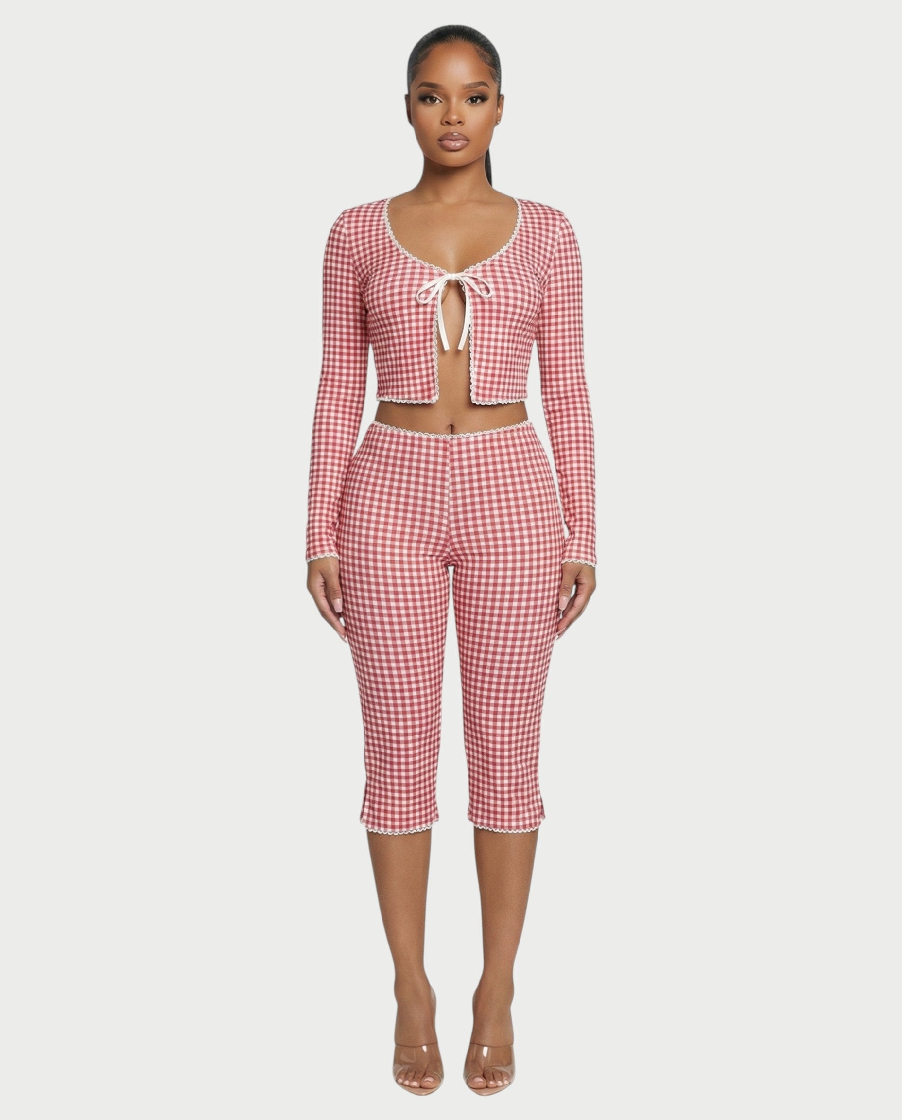 OCEA Gingham Tie-Front Top & Capri Pants Set