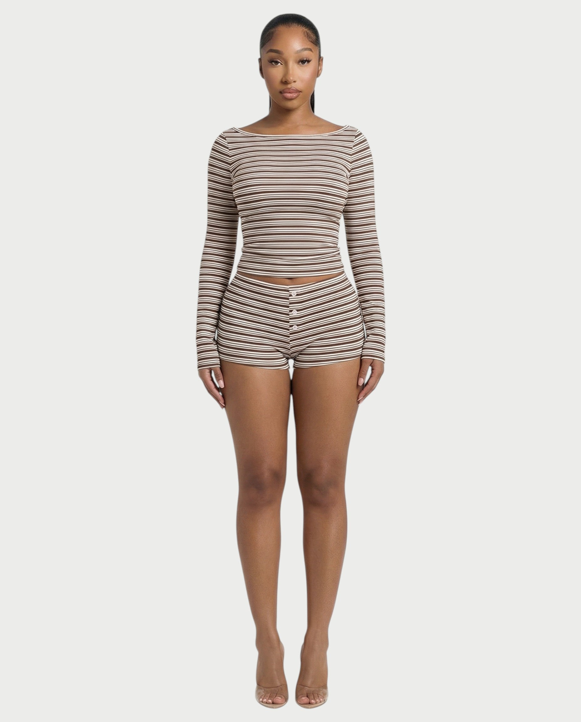 KEIKO Striped Top & Button Detail Shorts Set