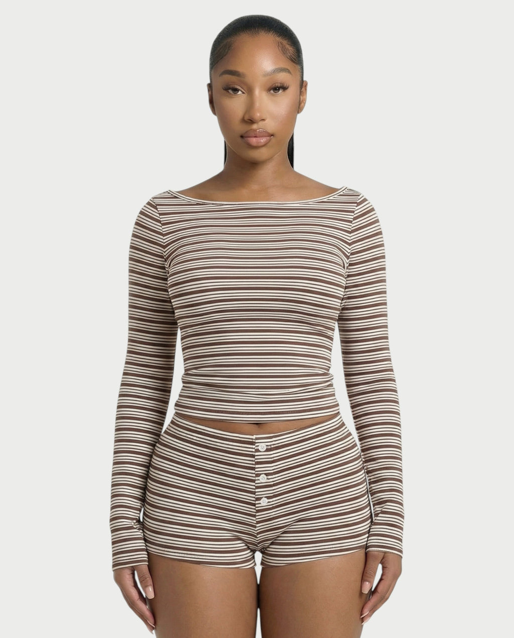 KEIKO Striped Top & Button Detail Shorts Set