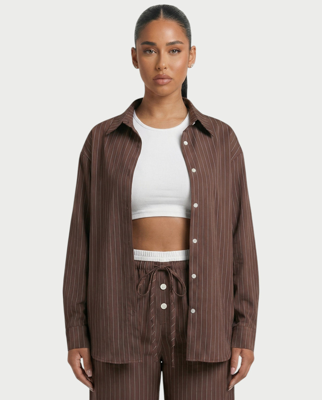 KIYARA Striped Long-sleeved Oversized Shirt & Button Pant Set