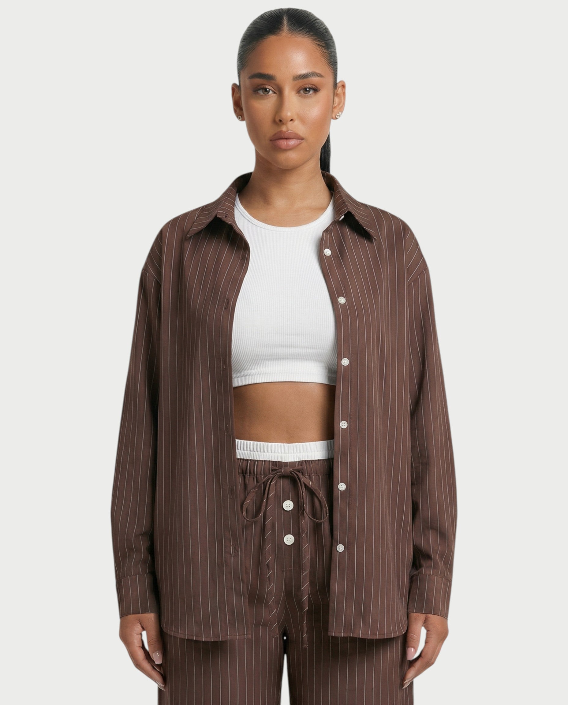 KIYARA Striped Long-sleeved Oversized Shirt & Button Pant Set