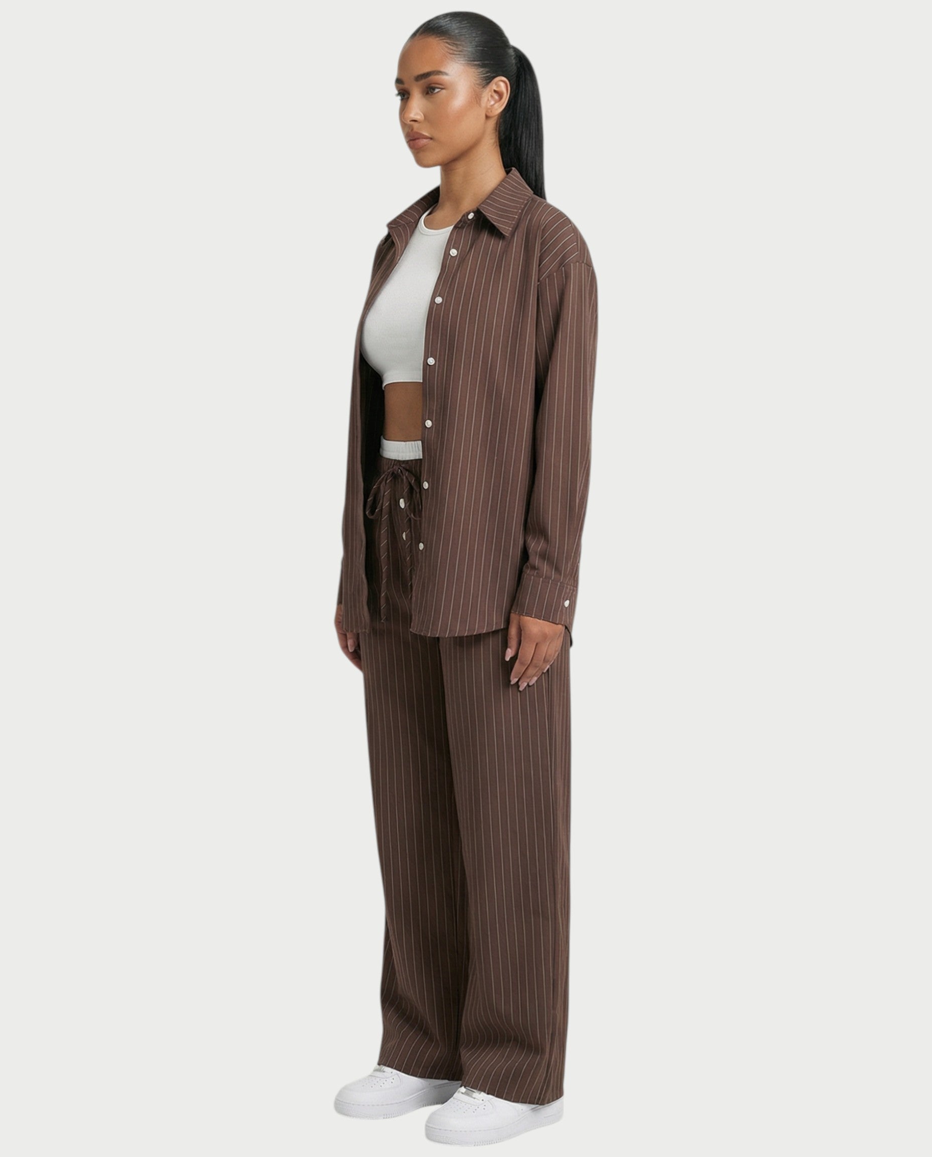 KIYARA Striped Long-sleeved Oversized Shirt & Button Pant Set