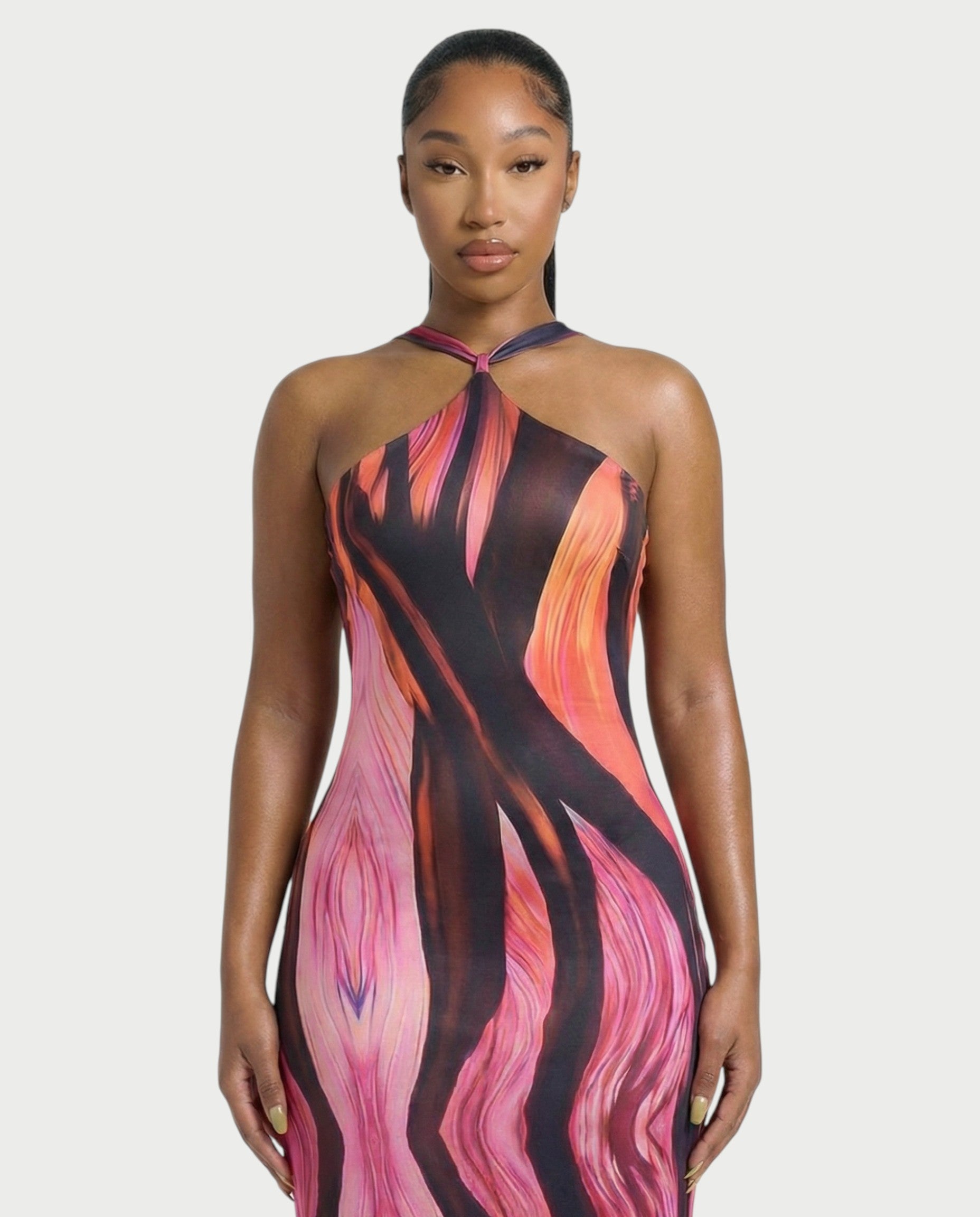 SOLAIRE Abstract Print Halter Tie-Back Maxi Dress