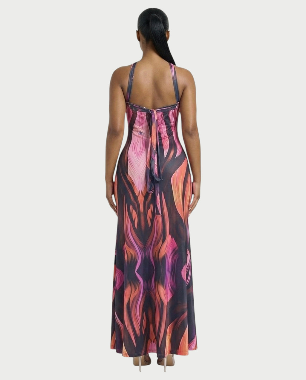 SOLAIRE Abstract Print Halter Tie-Back Maxi Dress