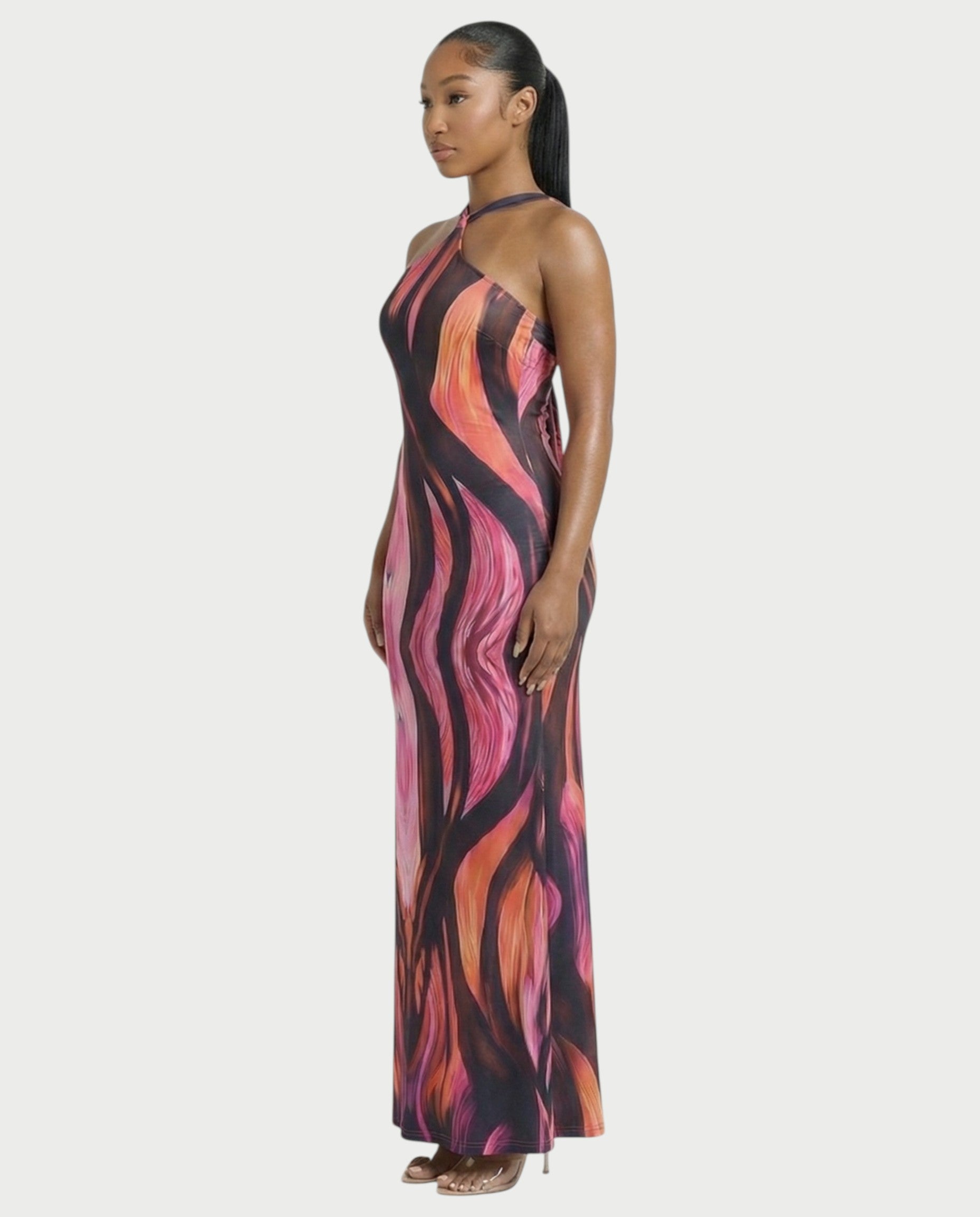 SOLAIRE Abstract Print Halter Tie-Back Maxi Dress