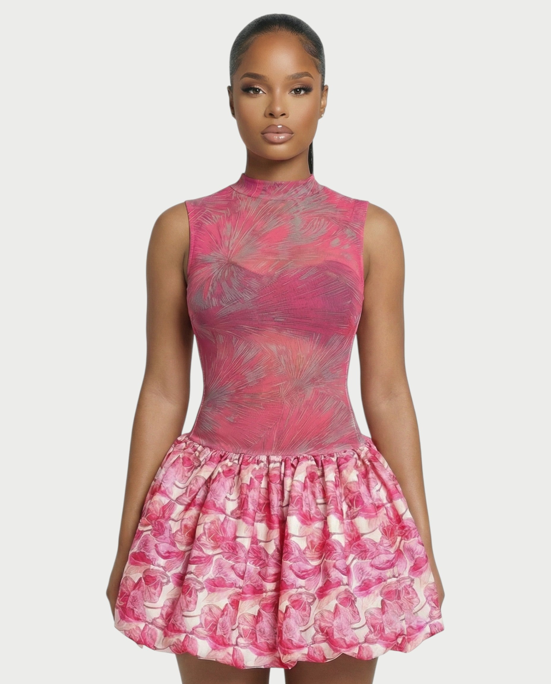 KNEO Floral Mesh Bubble Skirt Mini Dress