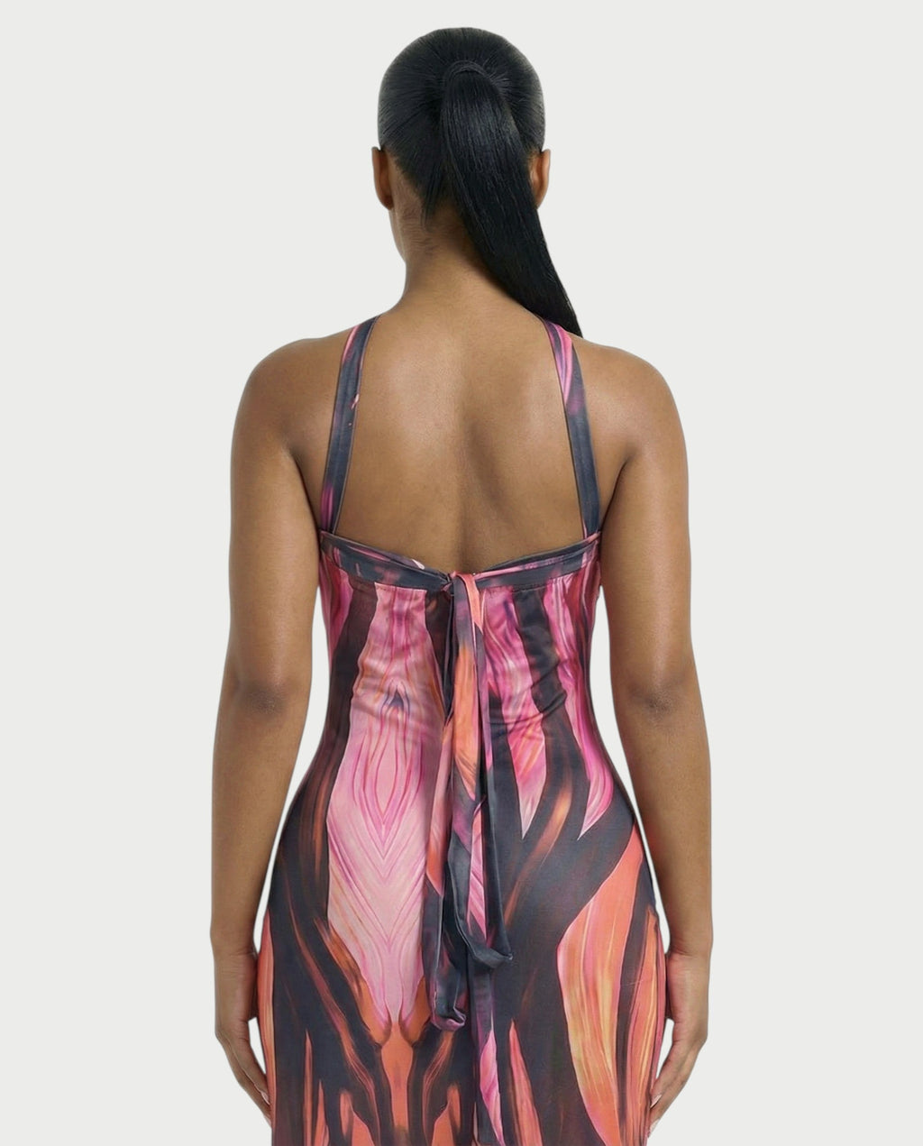 SOLAIRE Abstract Print Halter Tie-Back Maxi Dress