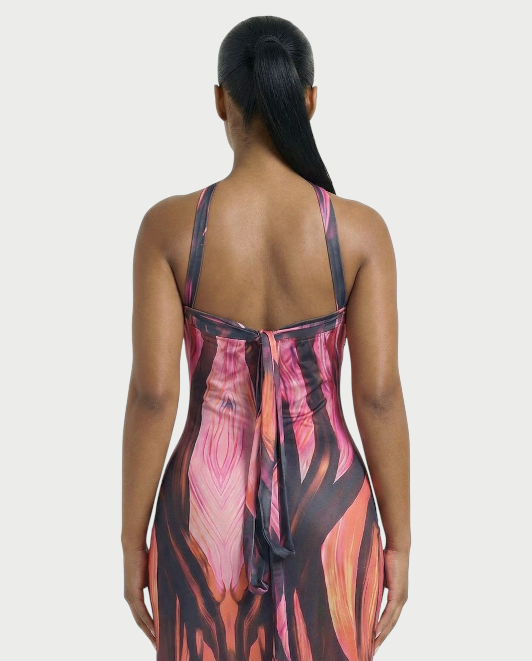 SOLAIRE Abstract Print Halter Tie-Back Maxi Dress