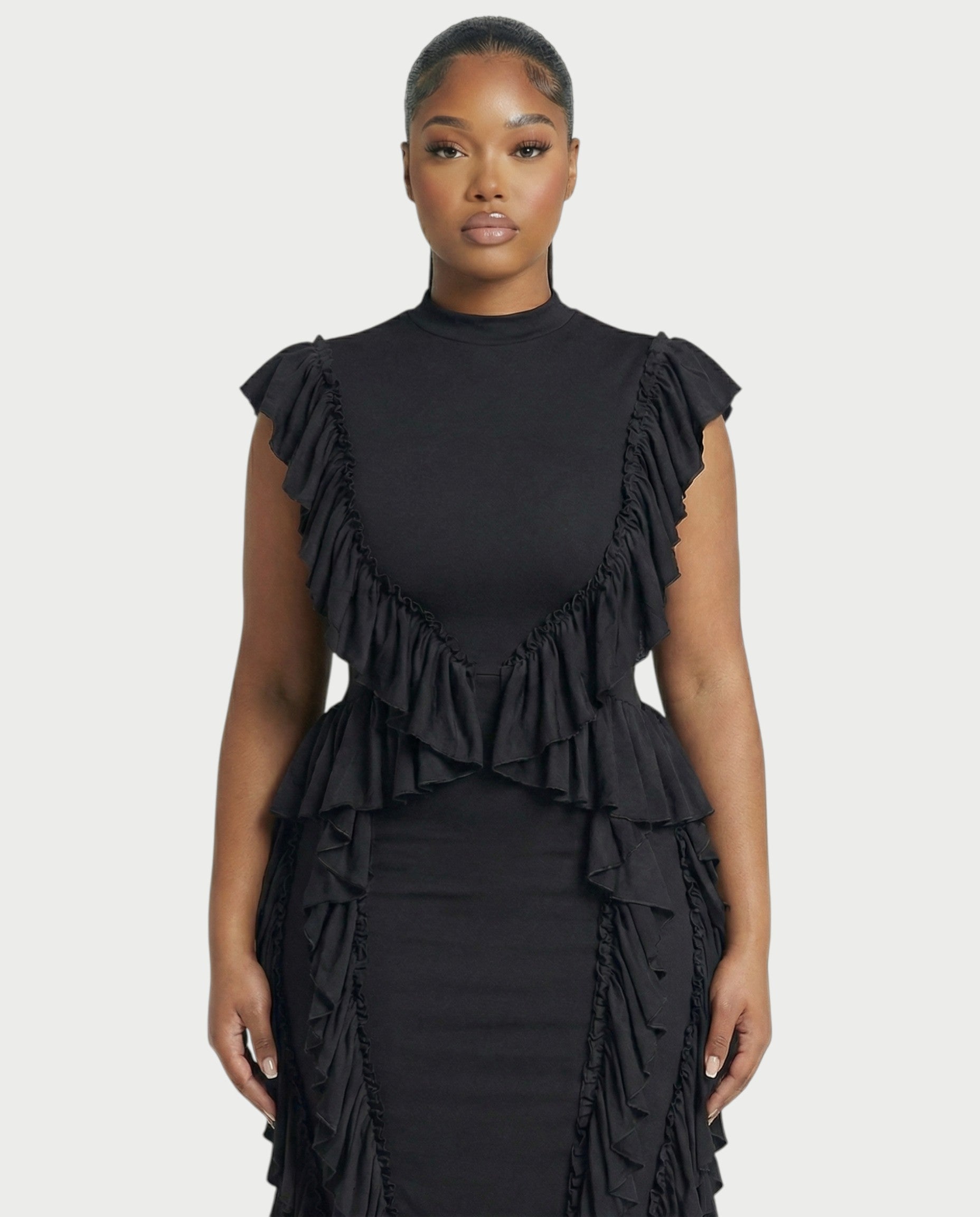 SARAYA Ruffle-Trim High Neck Bodycon Midi Dress