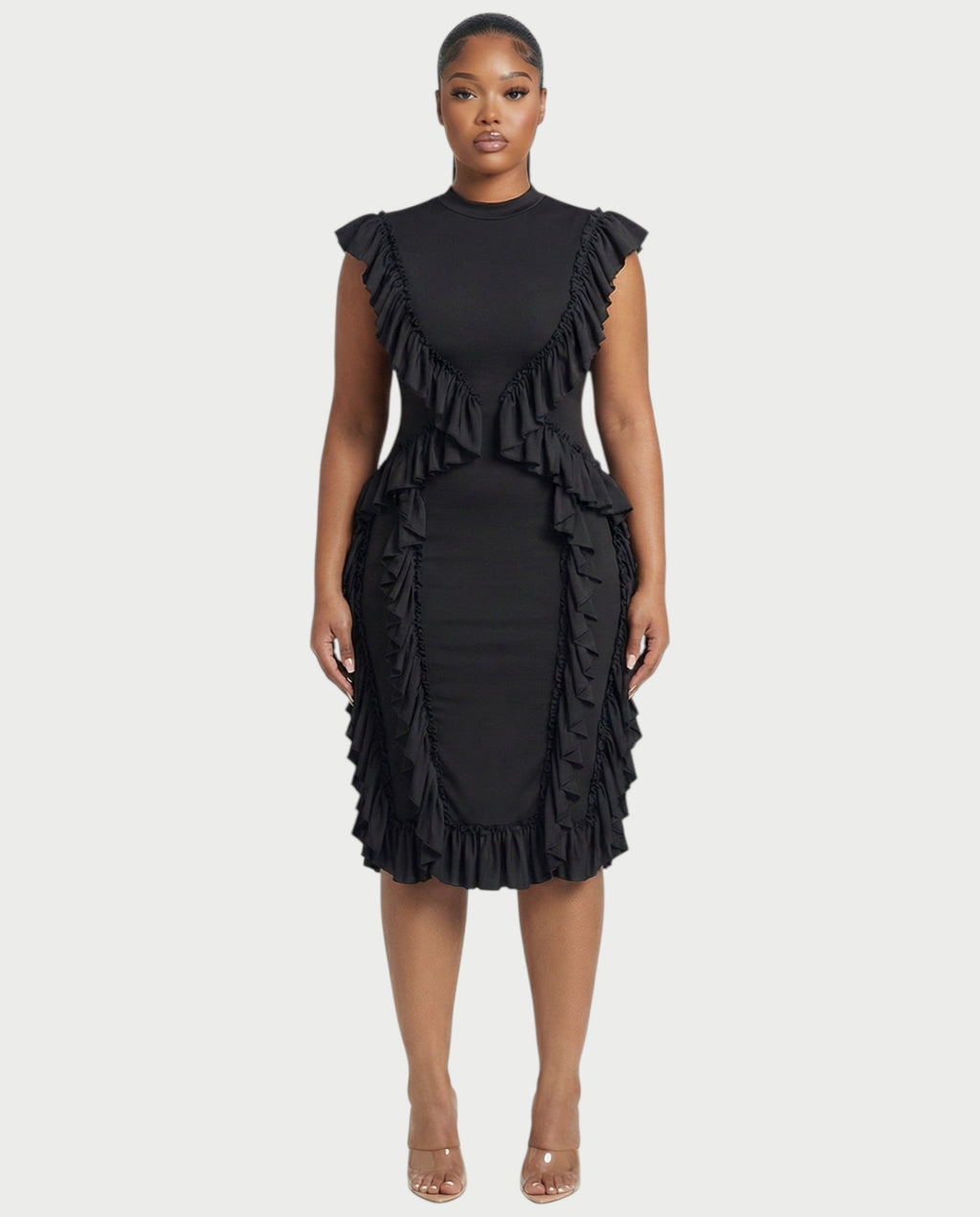 SARAYA Ruffle-Trim High Neck Bodycon Midi Dress