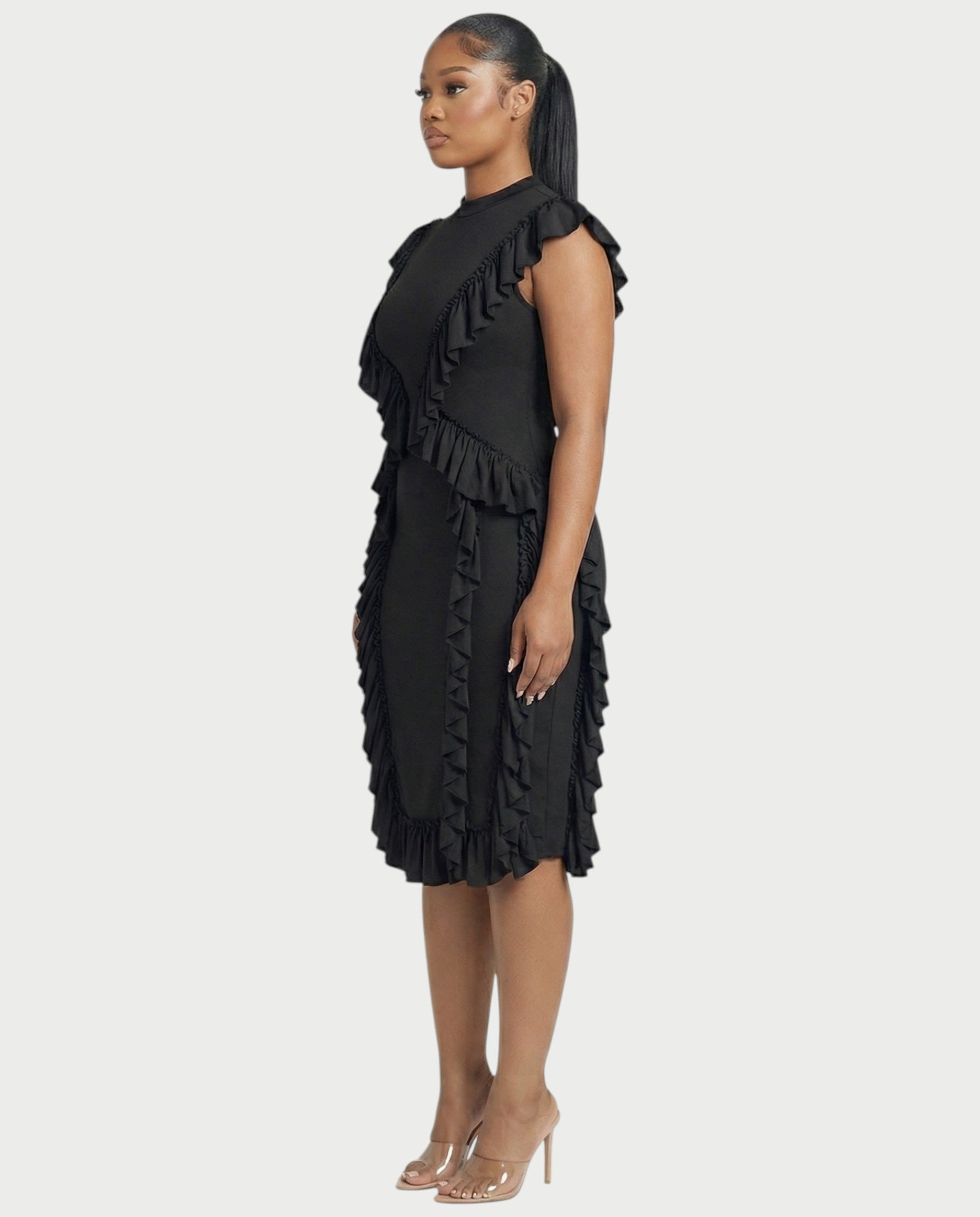 SARAYA Ruffle-Trim High Neck Bodycon Midi Dress