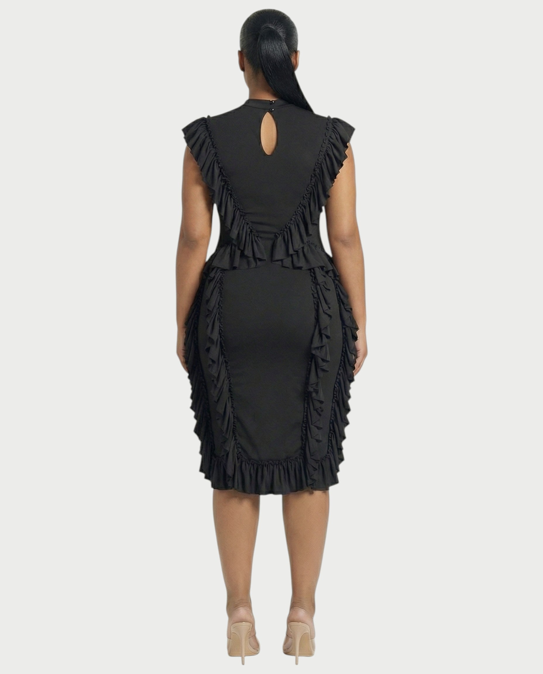 SARAYA Ruffle-Trim High Neck Bodycon Midi Dress