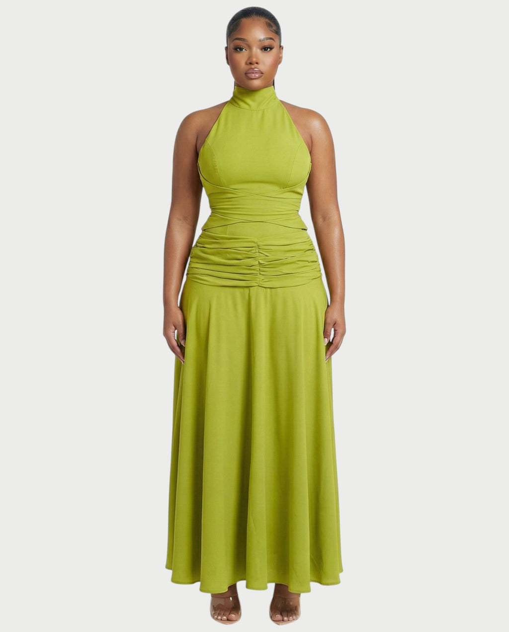 NOREYA High-Neck Ruched Waist Maxi Dress