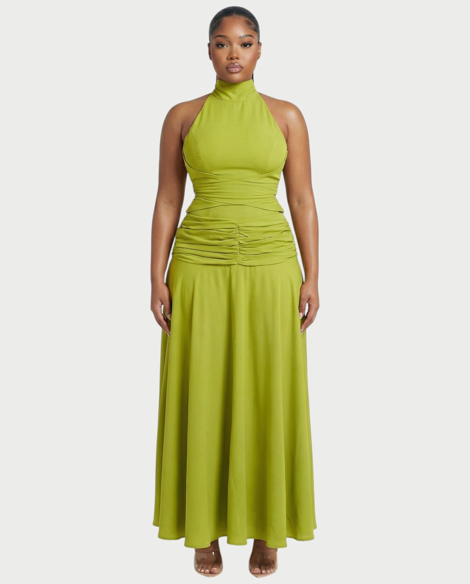 NOREYA High-Neck Ruched Waist Maxi Dress