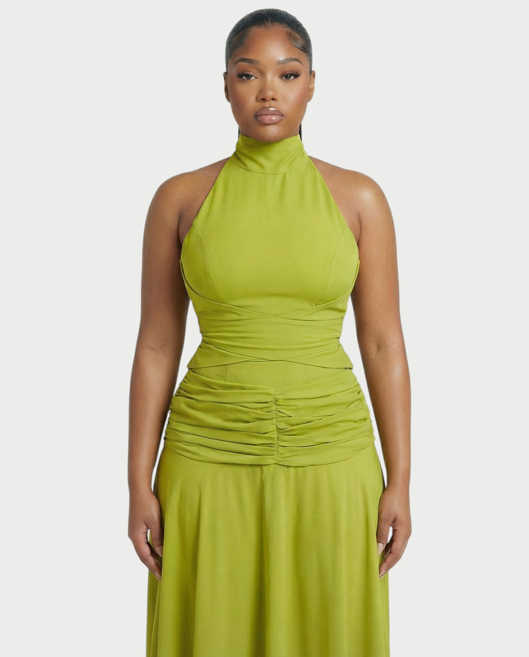 NOREYA High-Neck Ruched Waist Maxi Dress