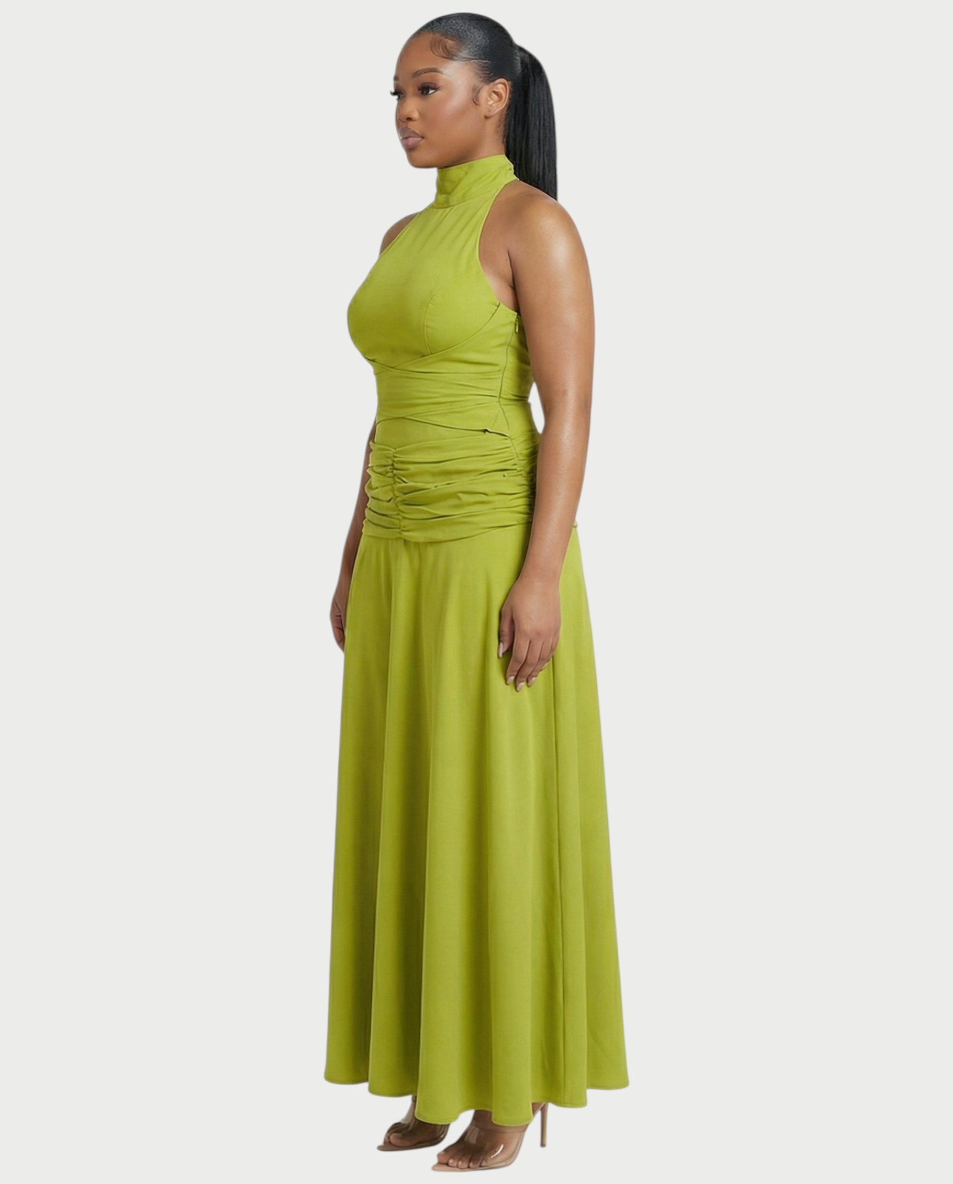 NOREYA High-Neck Ruched Waist Maxi Dress