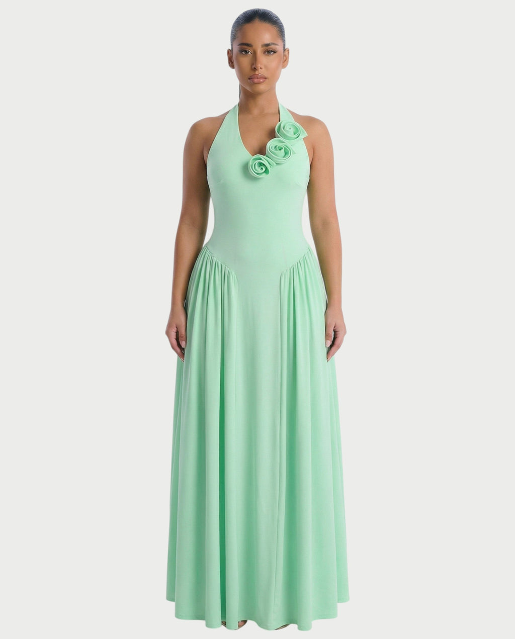 EVIRA Floral Appliqué Drop-Waist Maxi Dress