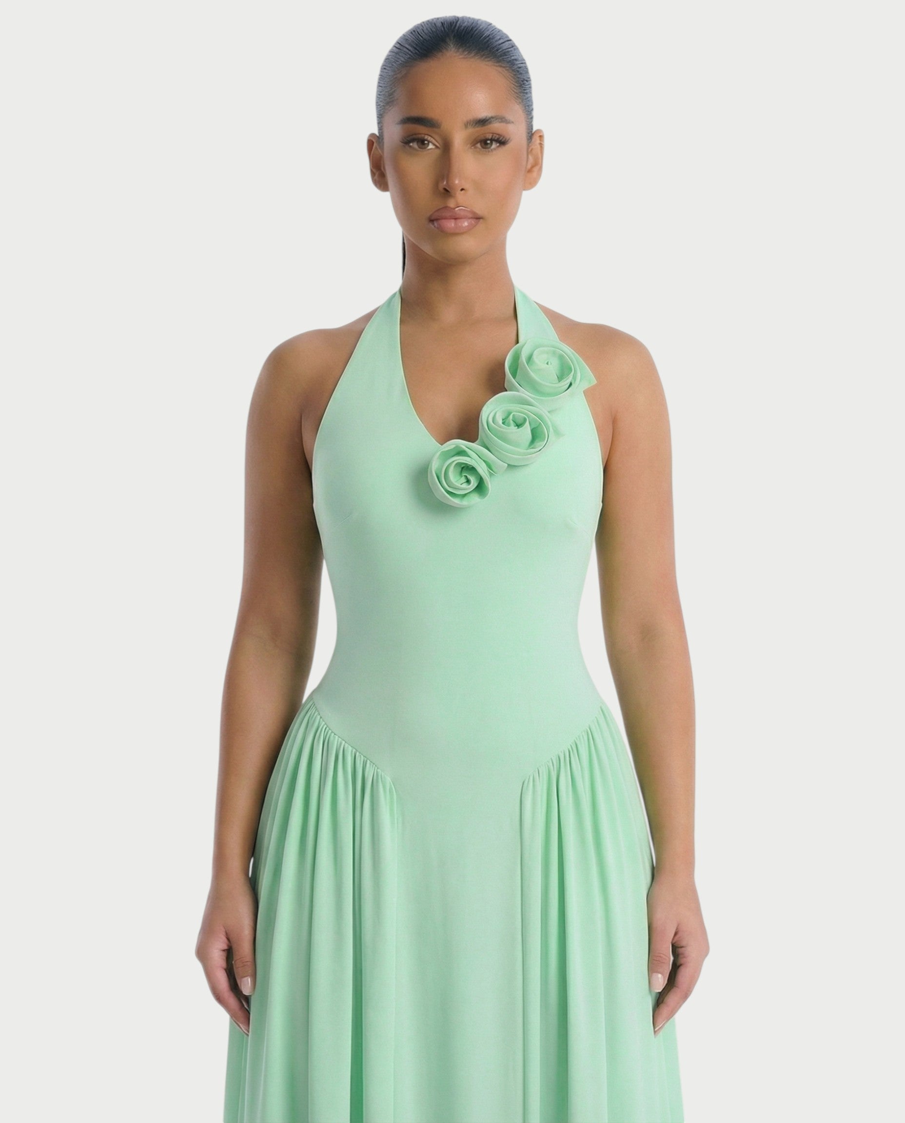 EVIRA Floral Appliqué Drop-Waist Maxi Dress