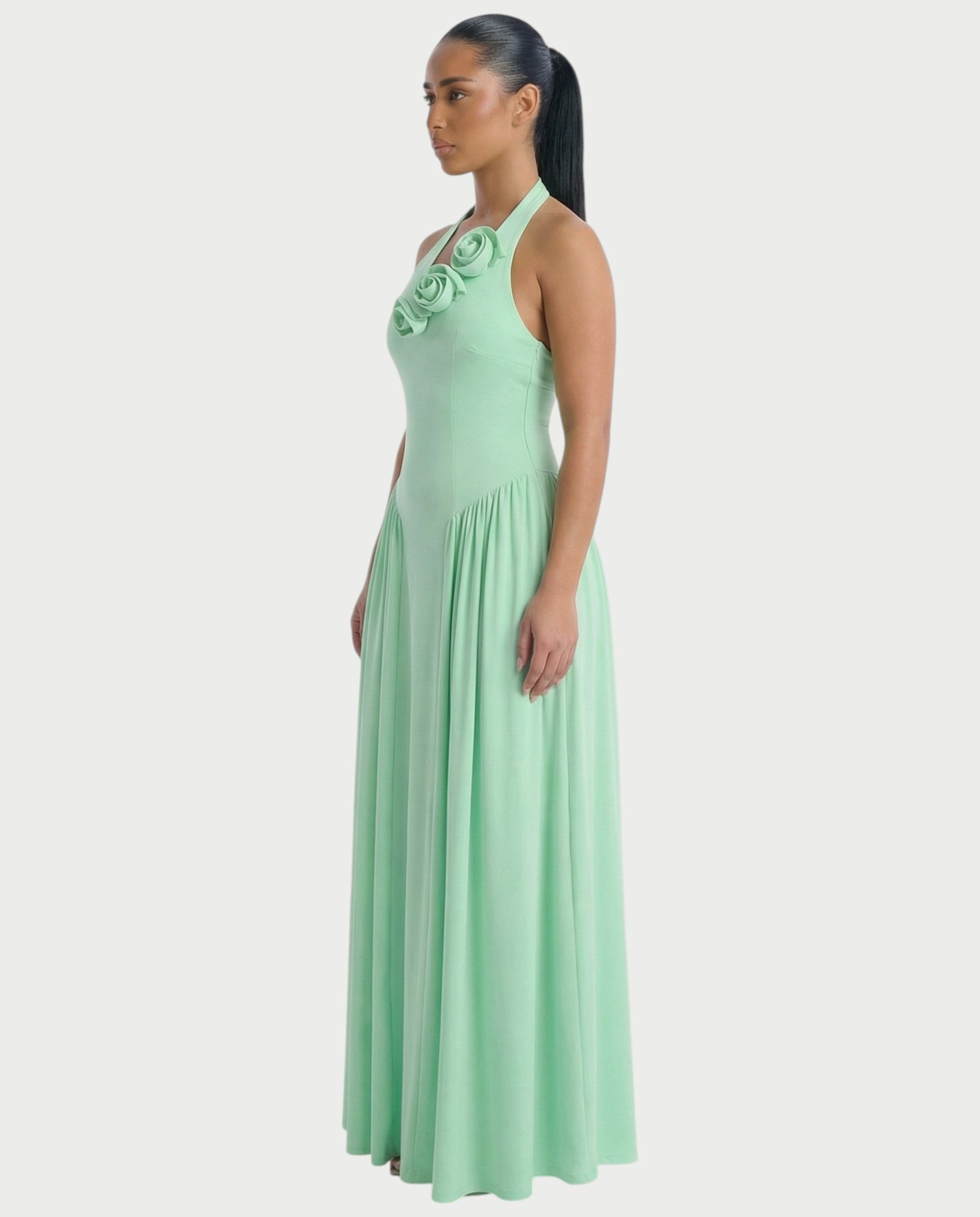 EVIRA Floral Appliqué Drop-Waist Maxi Dress