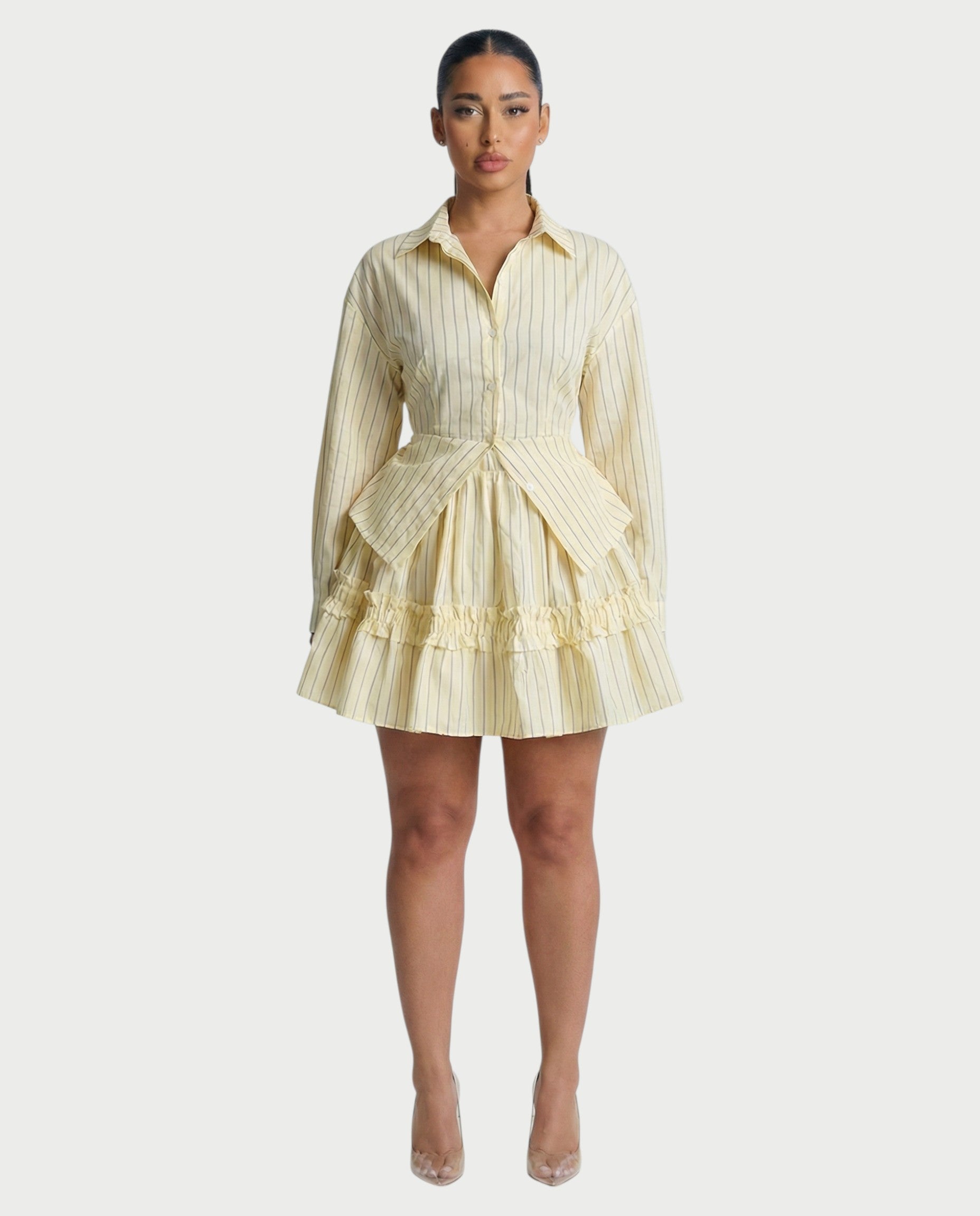 YVONA Pinstripe Cinched Shirt & Ruffled Tiered Skirt Set
