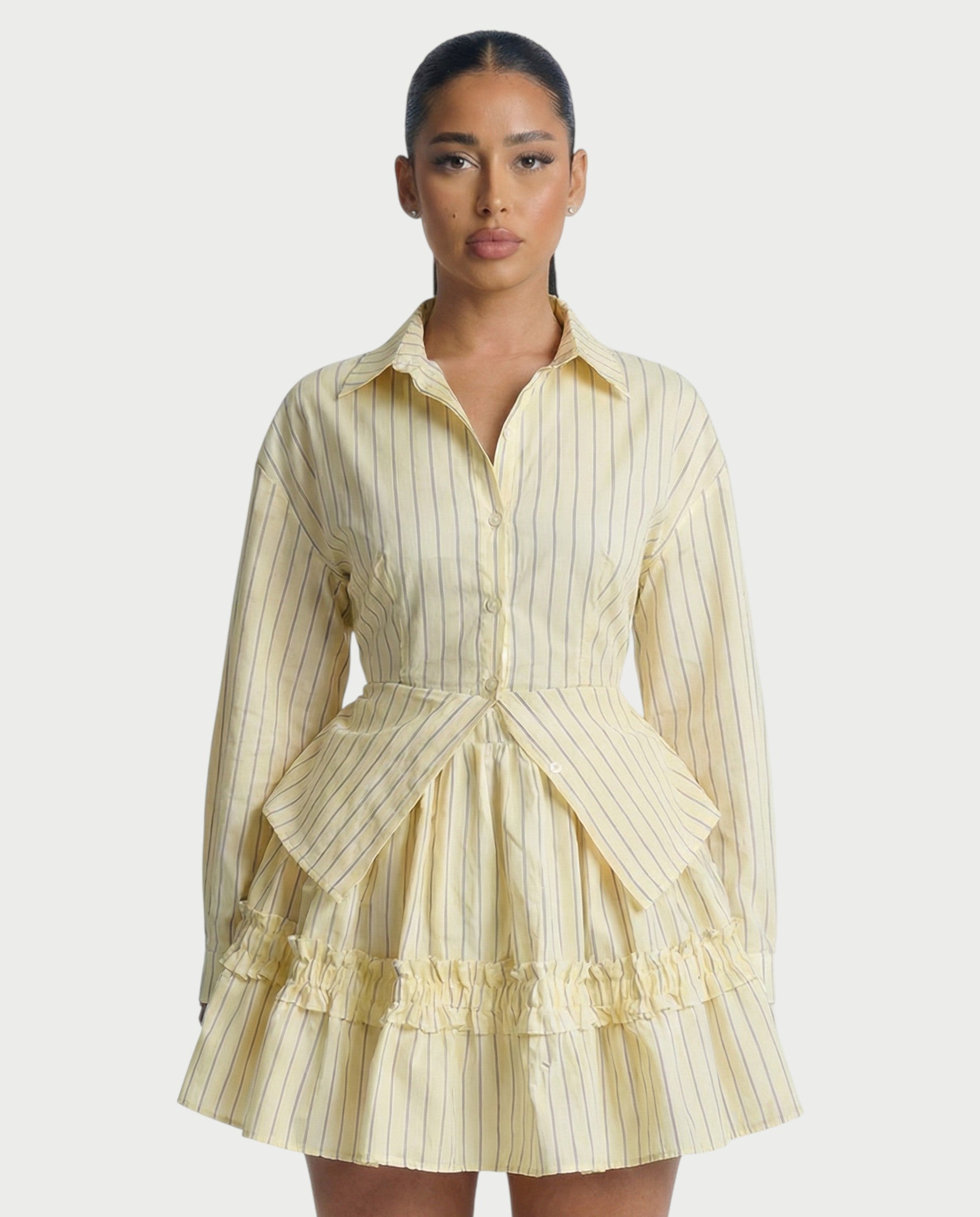 YVONA Pinstripe Cinched Shirt & Ruffled Tiered Skirt Set
