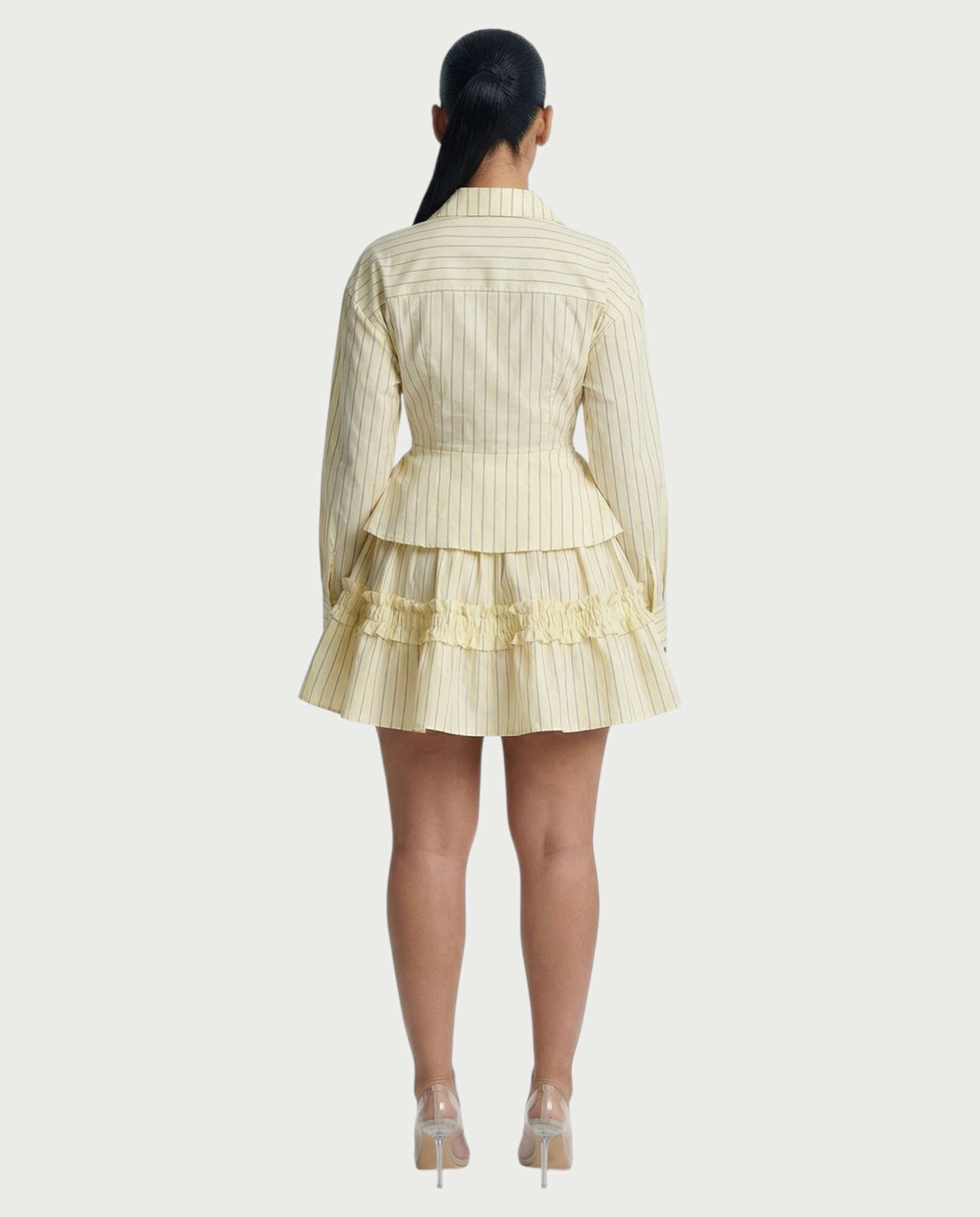 YVONA Pinstripe Cinched Shirt & Ruffled Tiered Skirt Set