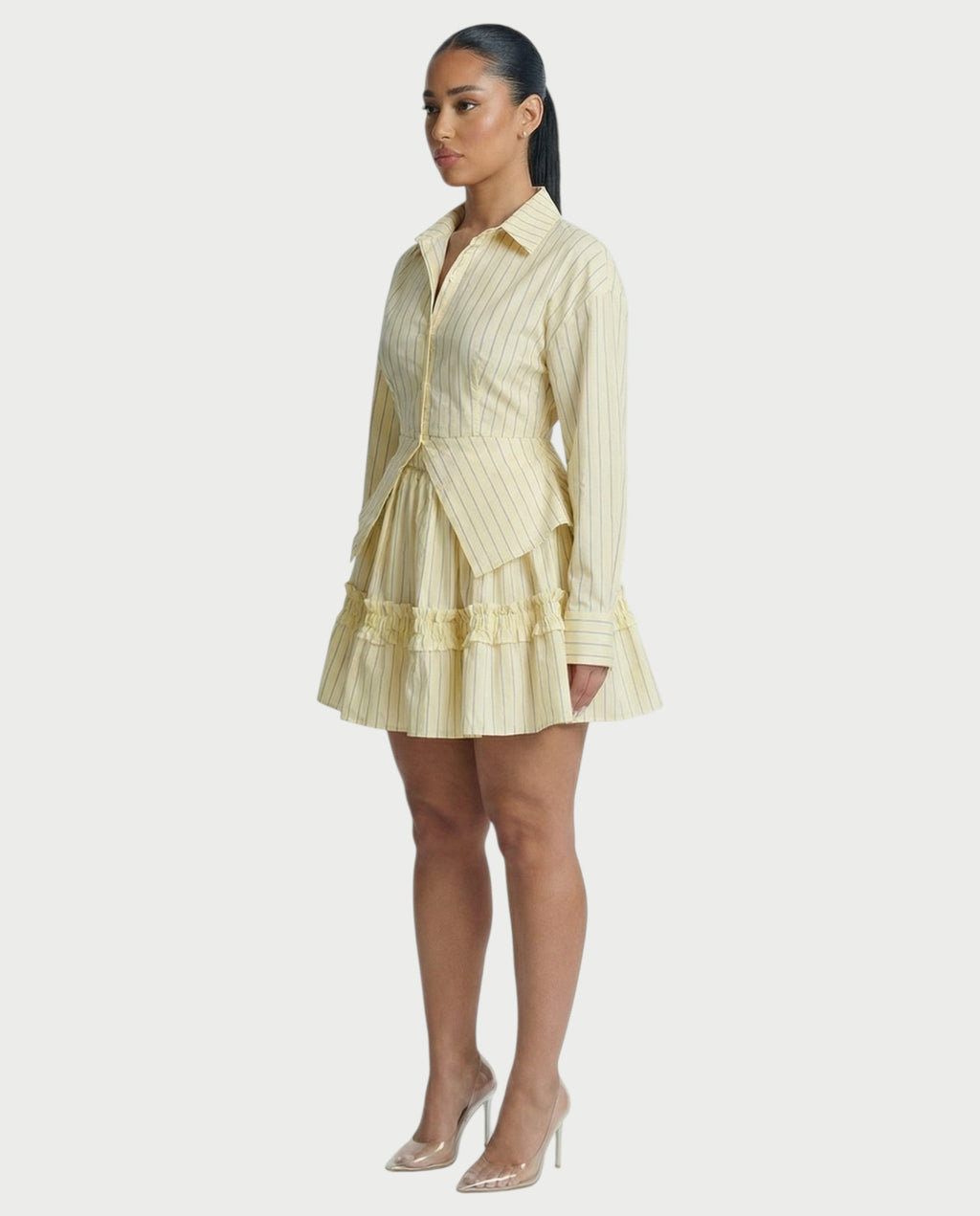 YVONA Pinstripe Cinched Shirt & Ruffled Tiered Skirt Set