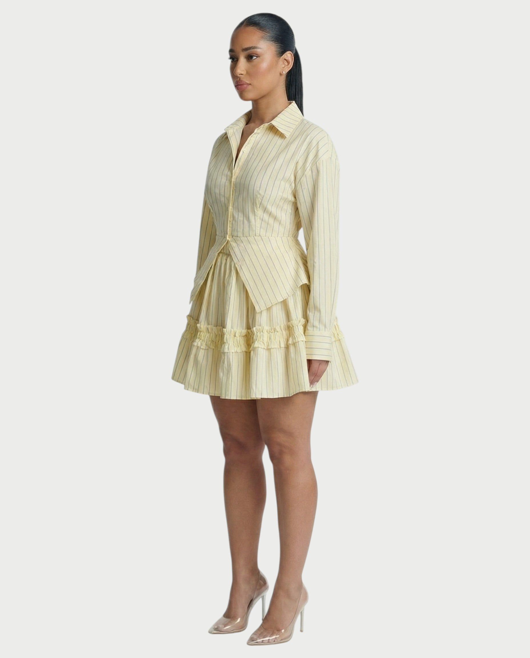 YVONA Pinstripe Cinched Shirt & Ruffled Tiered Skirt Set