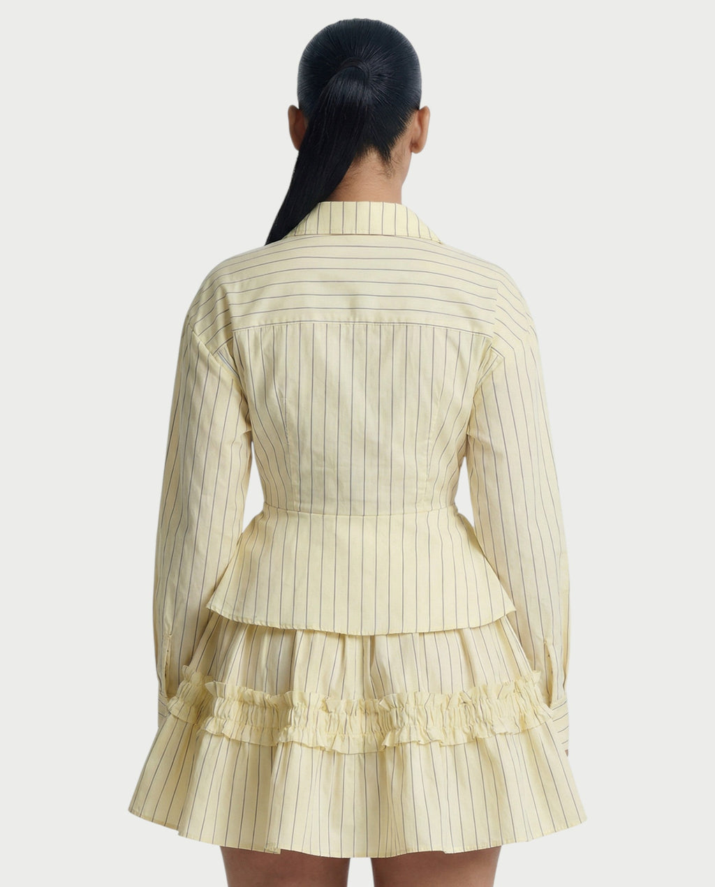 YVONA Pinstripe Cinched Shirt & Ruffled Tiered Skirt Set