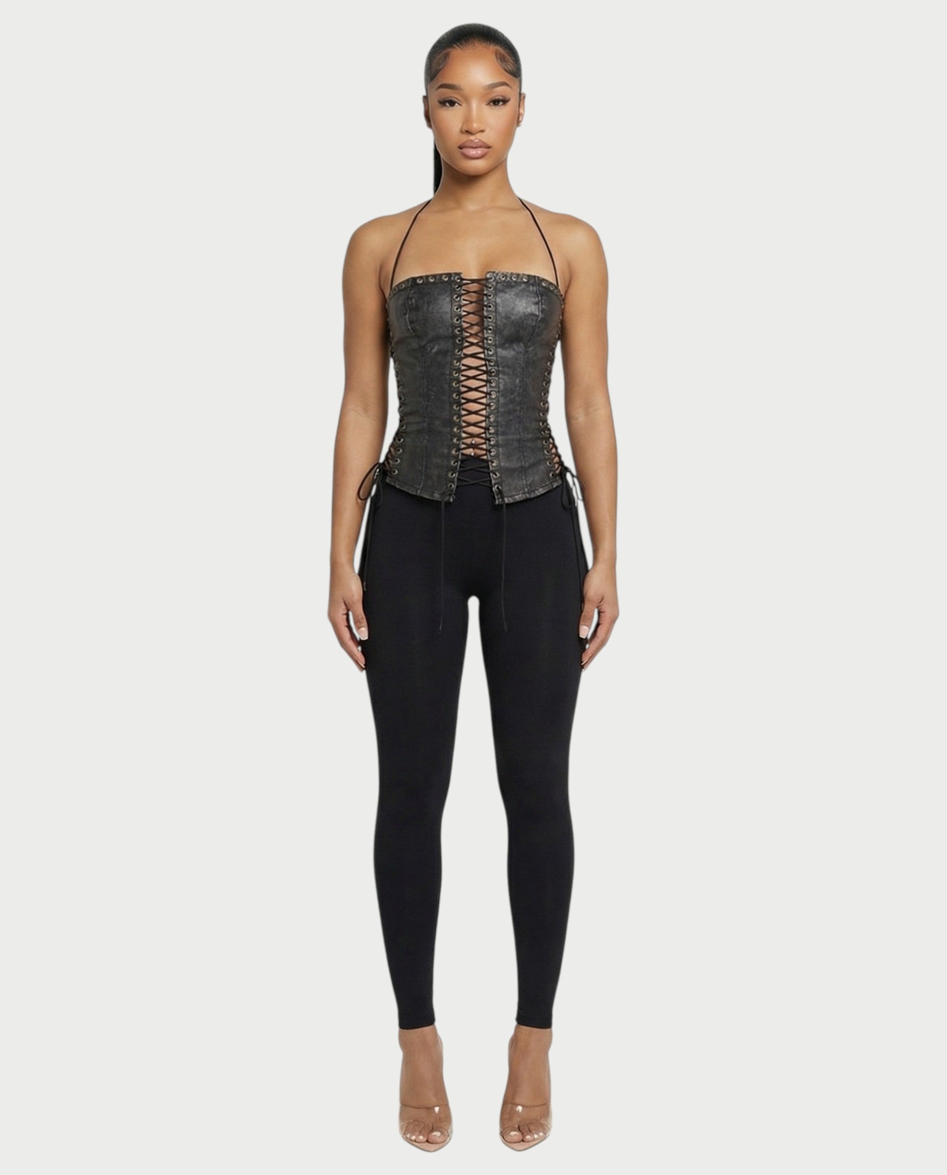 NUERA Faux-Leather Multi-Lace Up Corset Top