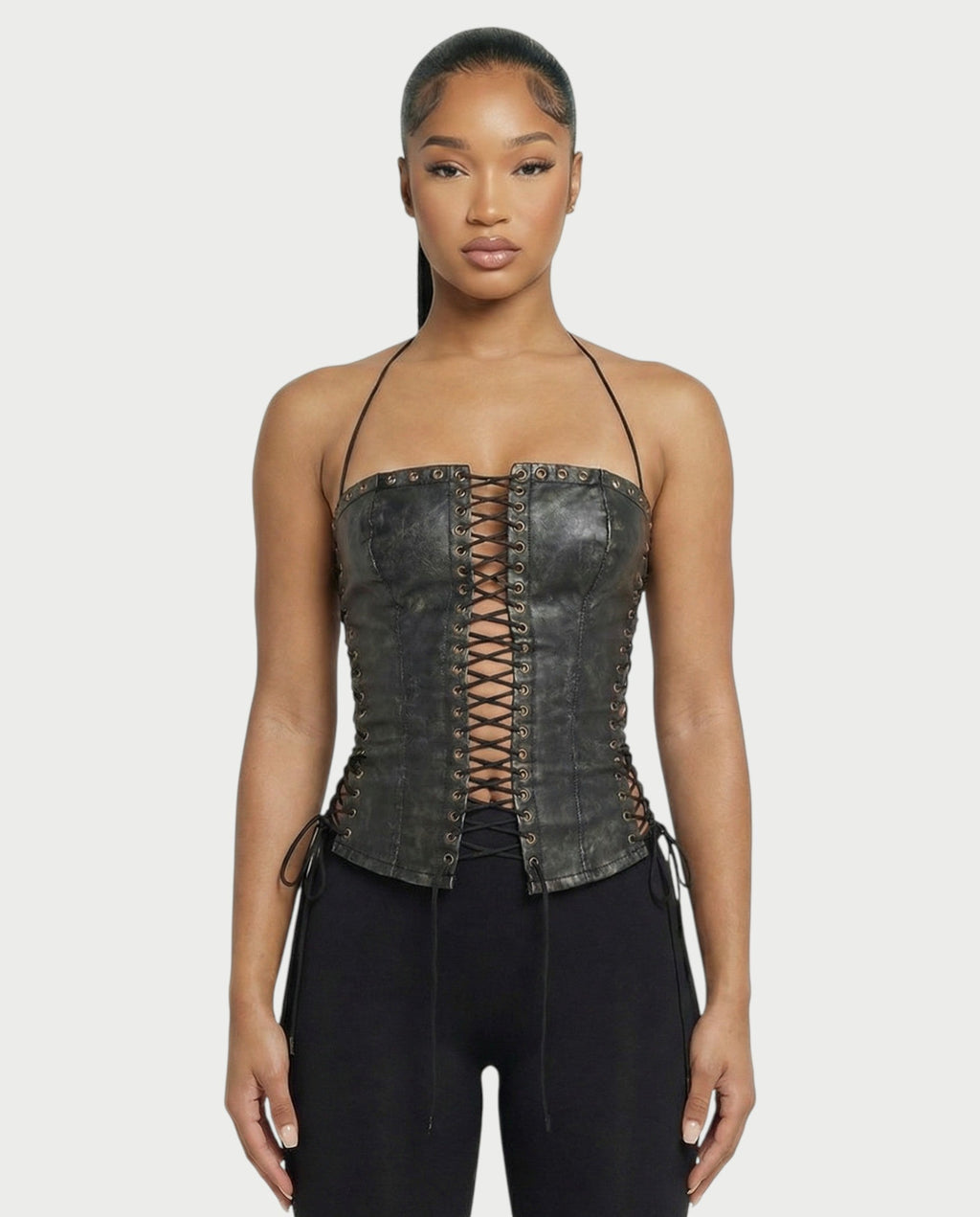 NUERA Faux-Leather Multi-Lace Up Corset Top