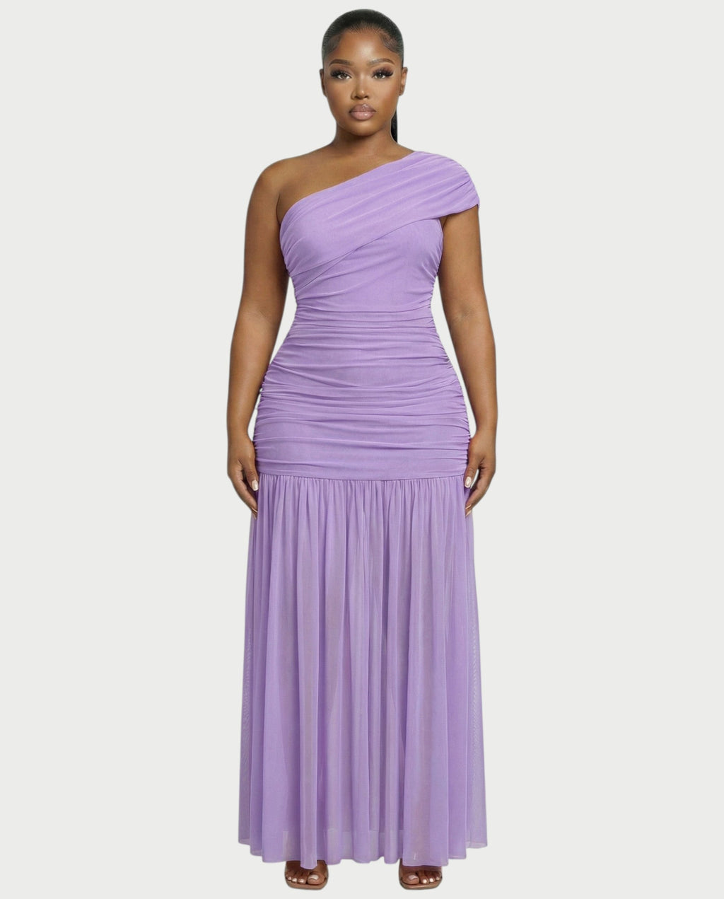 VAREN One-Shoulder Ruched Mesh Maxi Dress