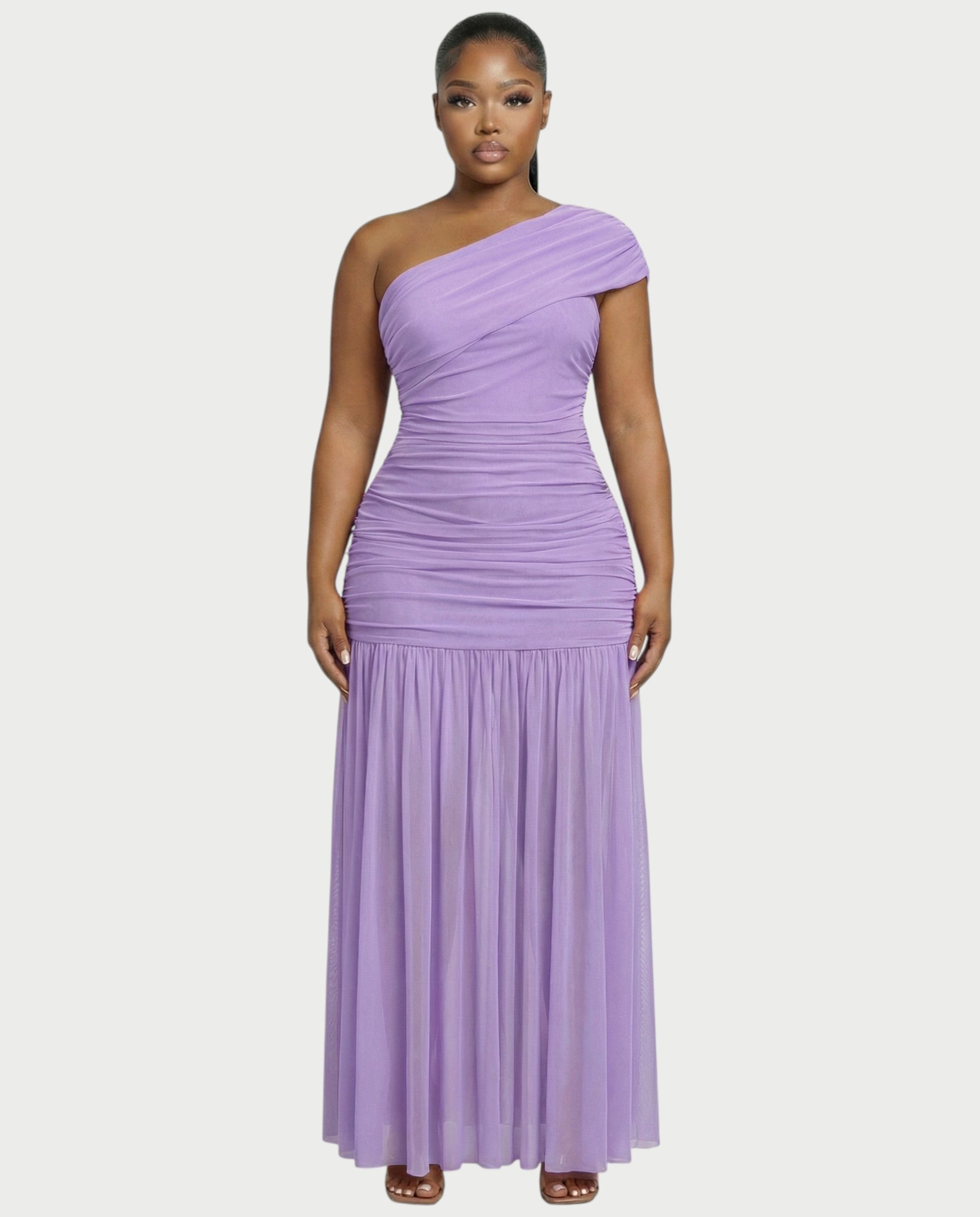 VAREN One-Shoulder Ruched Mesh Maxi Dress