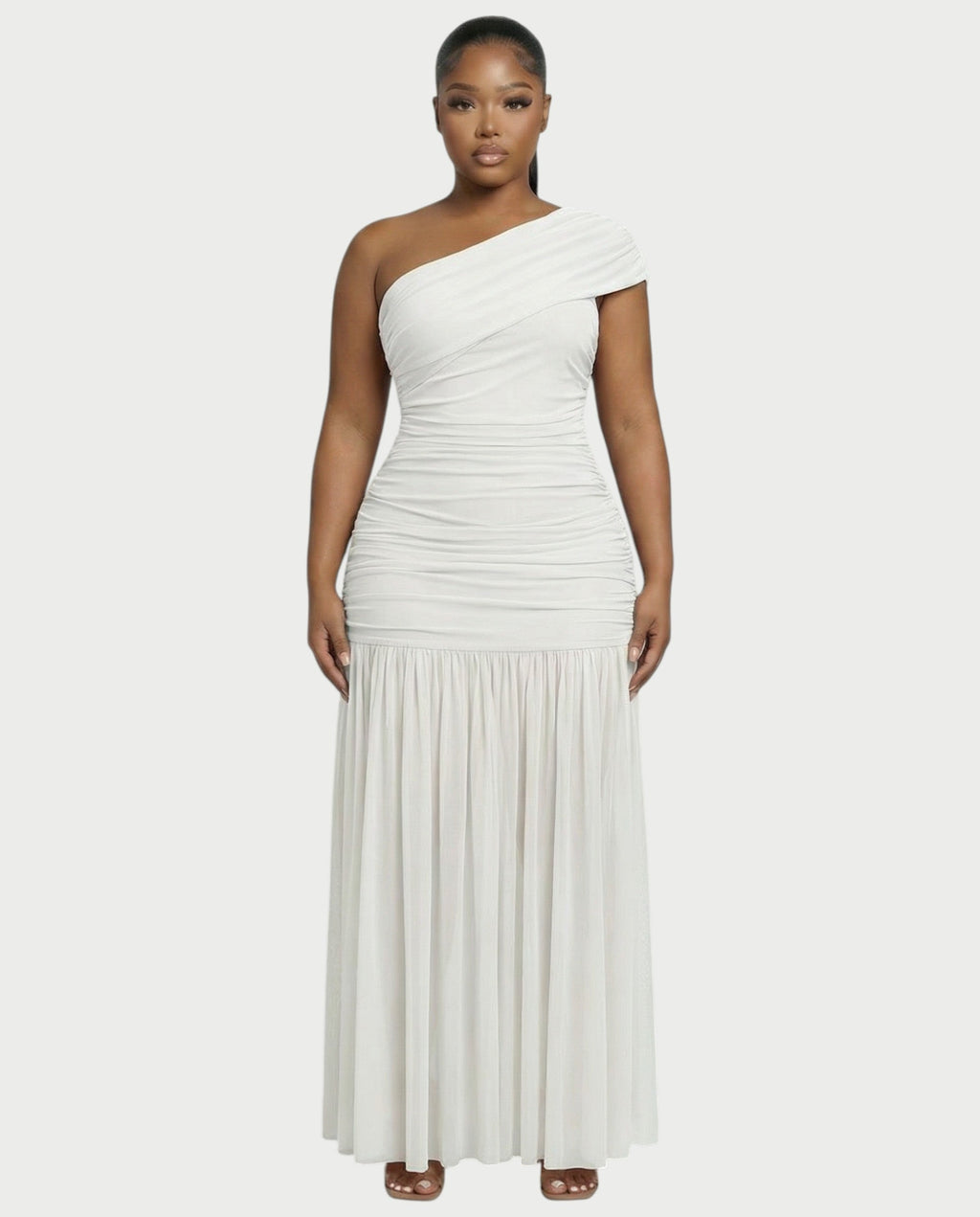 VAREN One-Shoulder Ruched Mesh Maxi Dress