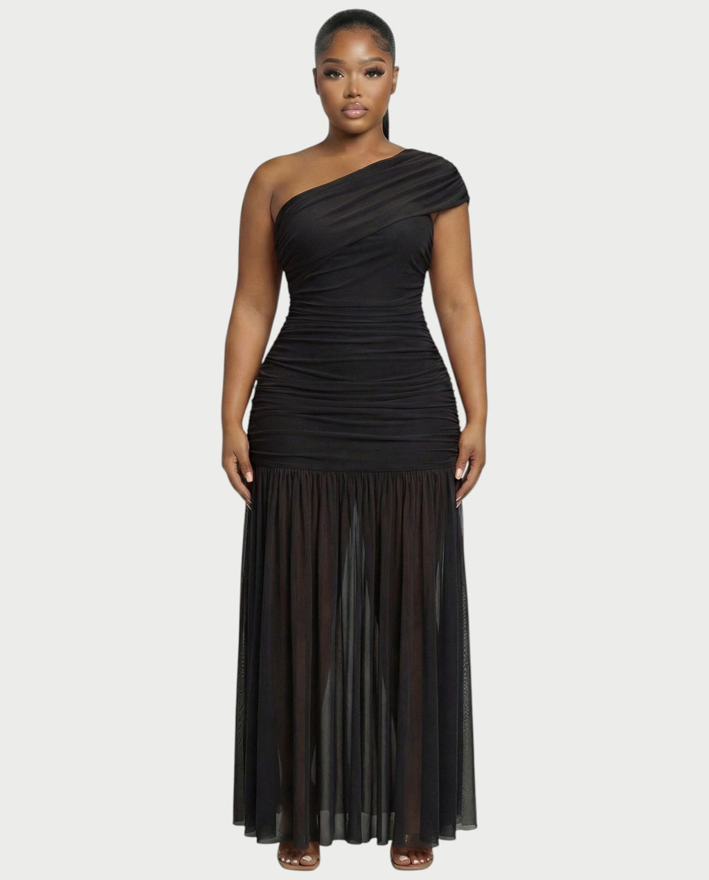 VAREN One-Shoulder Ruched Mesh Maxi Dress