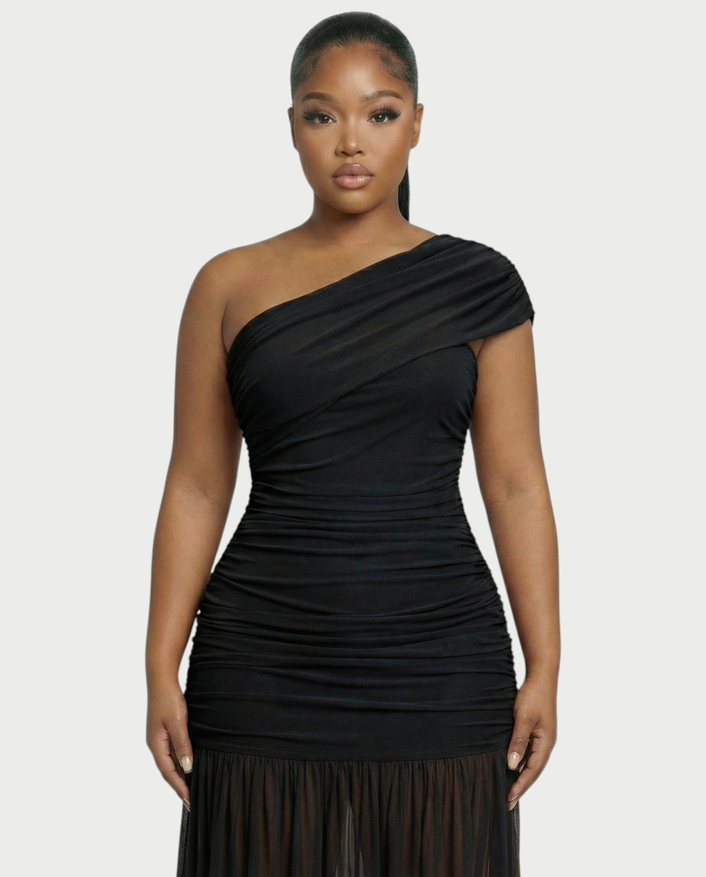 VAREN One-Shoulder Ruched Mesh Maxi Dress