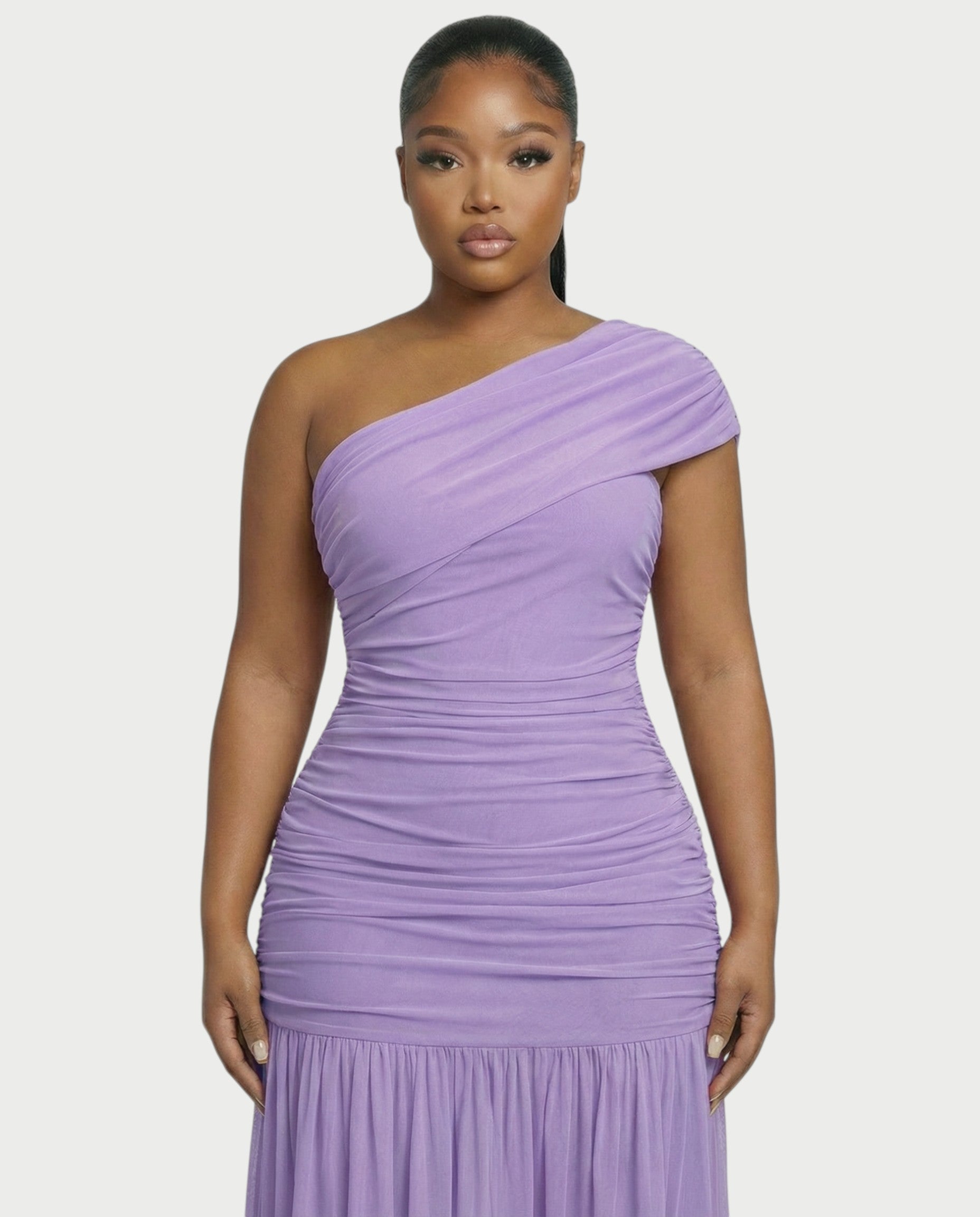 VAREN One-Shoulder Ruched Mesh Maxi Dress