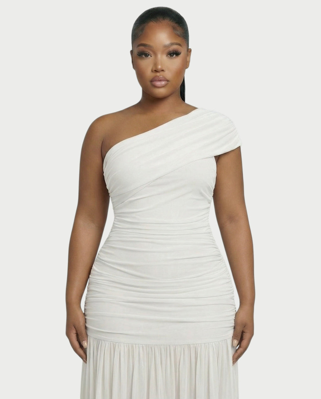 VAREN One-Shoulder Ruched Mesh Maxi Dress