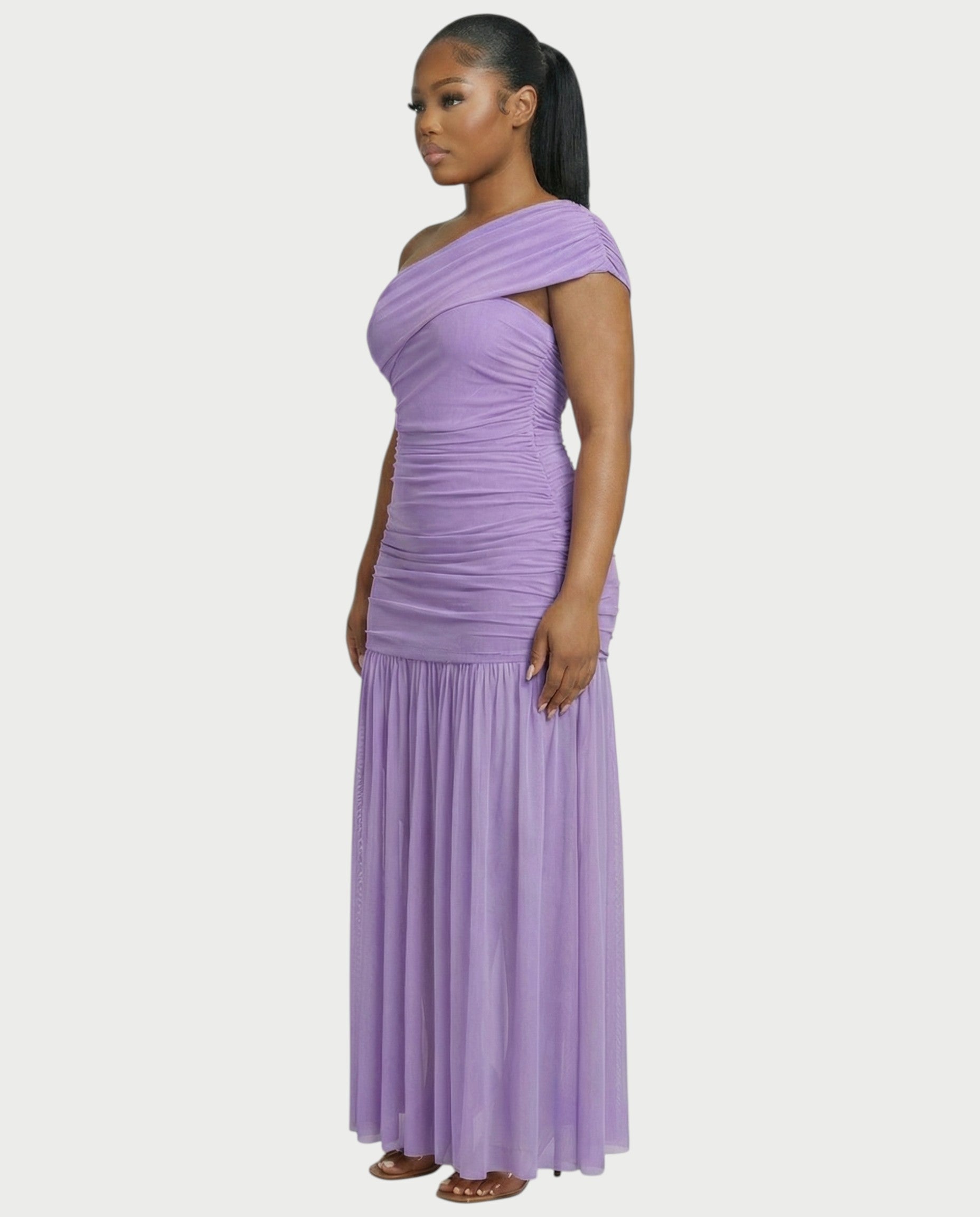 VAREN One-Shoulder Ruched Mesh Maxi Dress