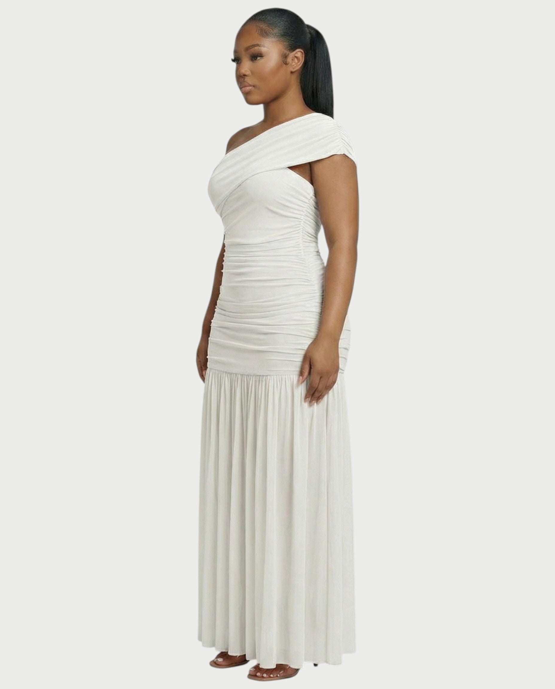 VAREN One-Shoulder Ruched Mesh Maxi Dress