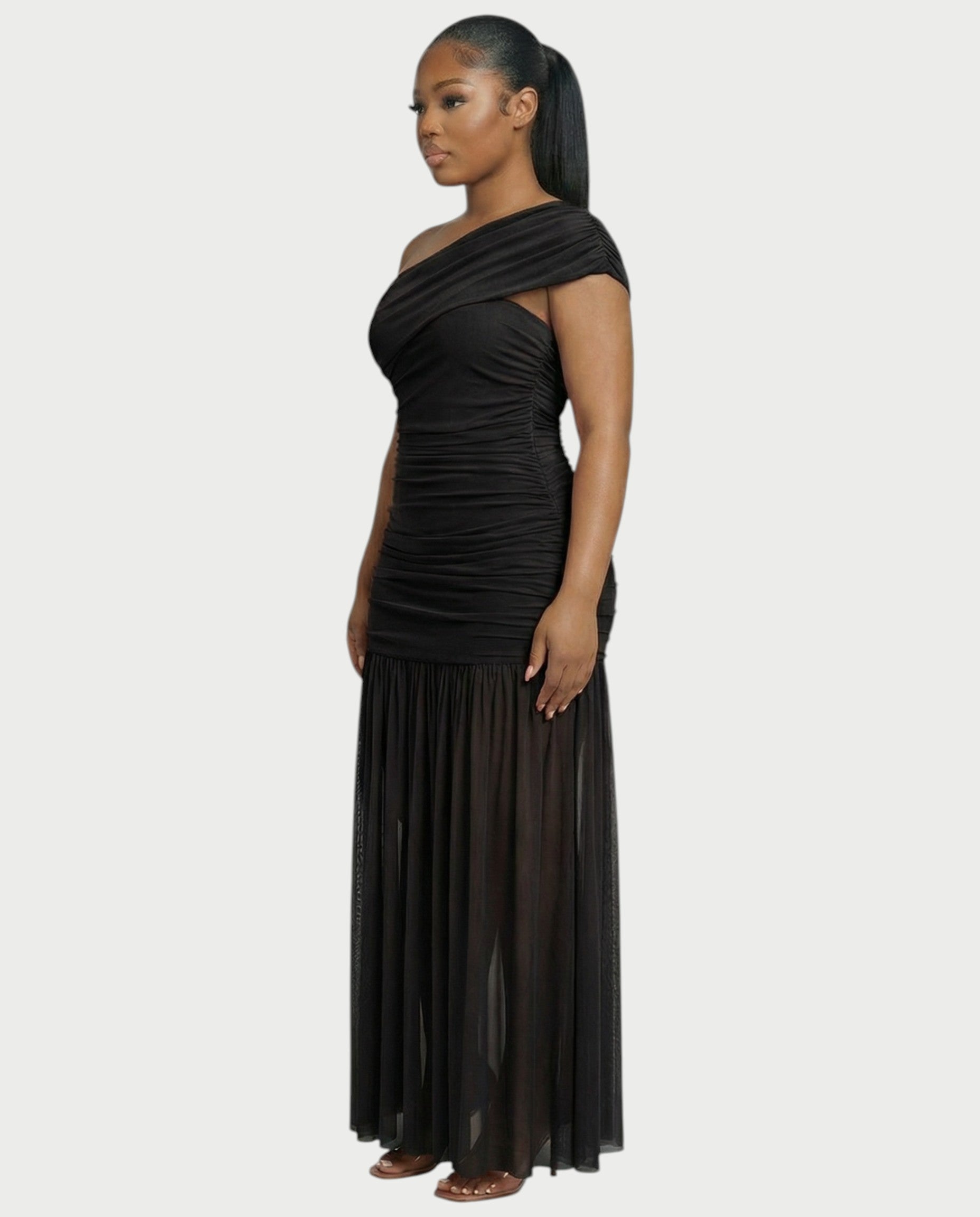 VAREN One-Shoulder Ruched Mesh Maxi Dress